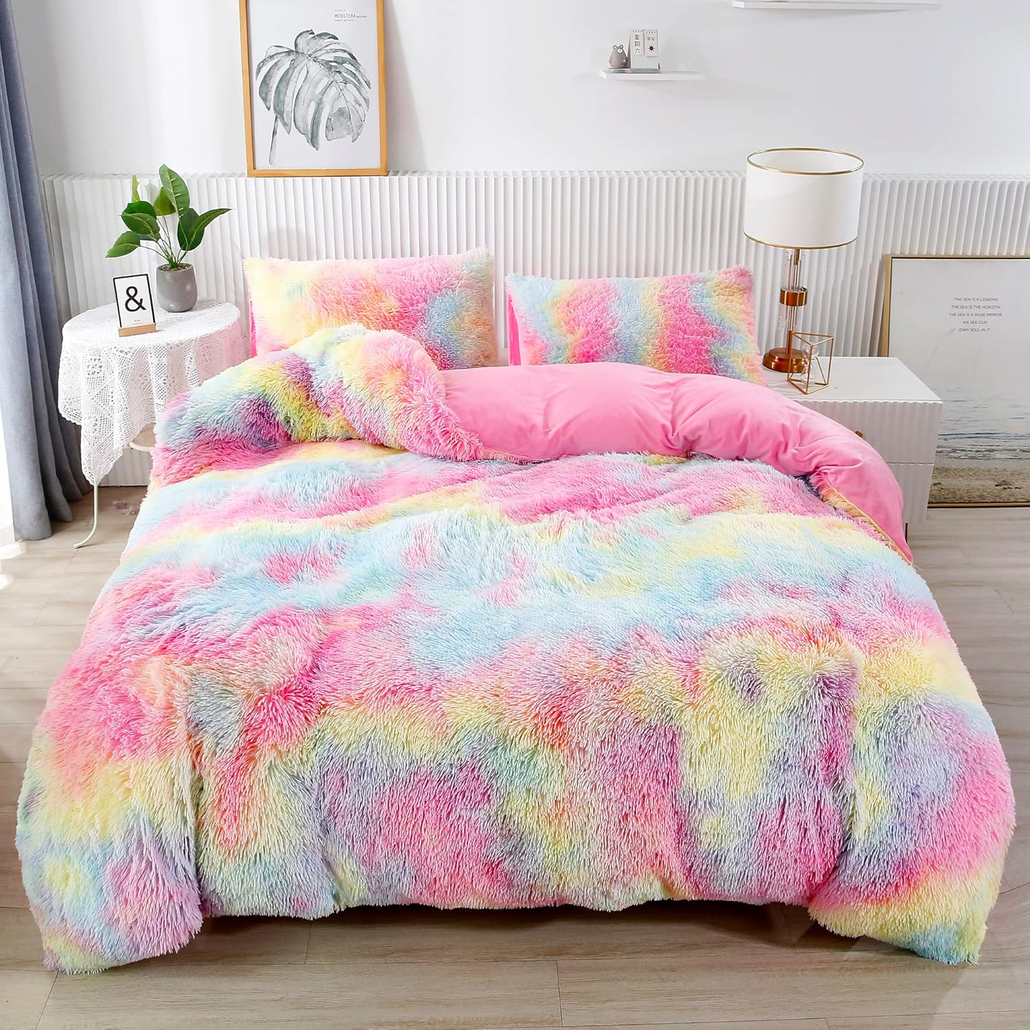 RYNGHIPY Super Soft Fuzzy Faux Fur Duvet Cover Set, Twin Bedding Sets for Girls, Blue Tie Dye Plush & Velvet Flannel Comforter Cover with 2 Pillowcases (Colorful Blue,Twin)