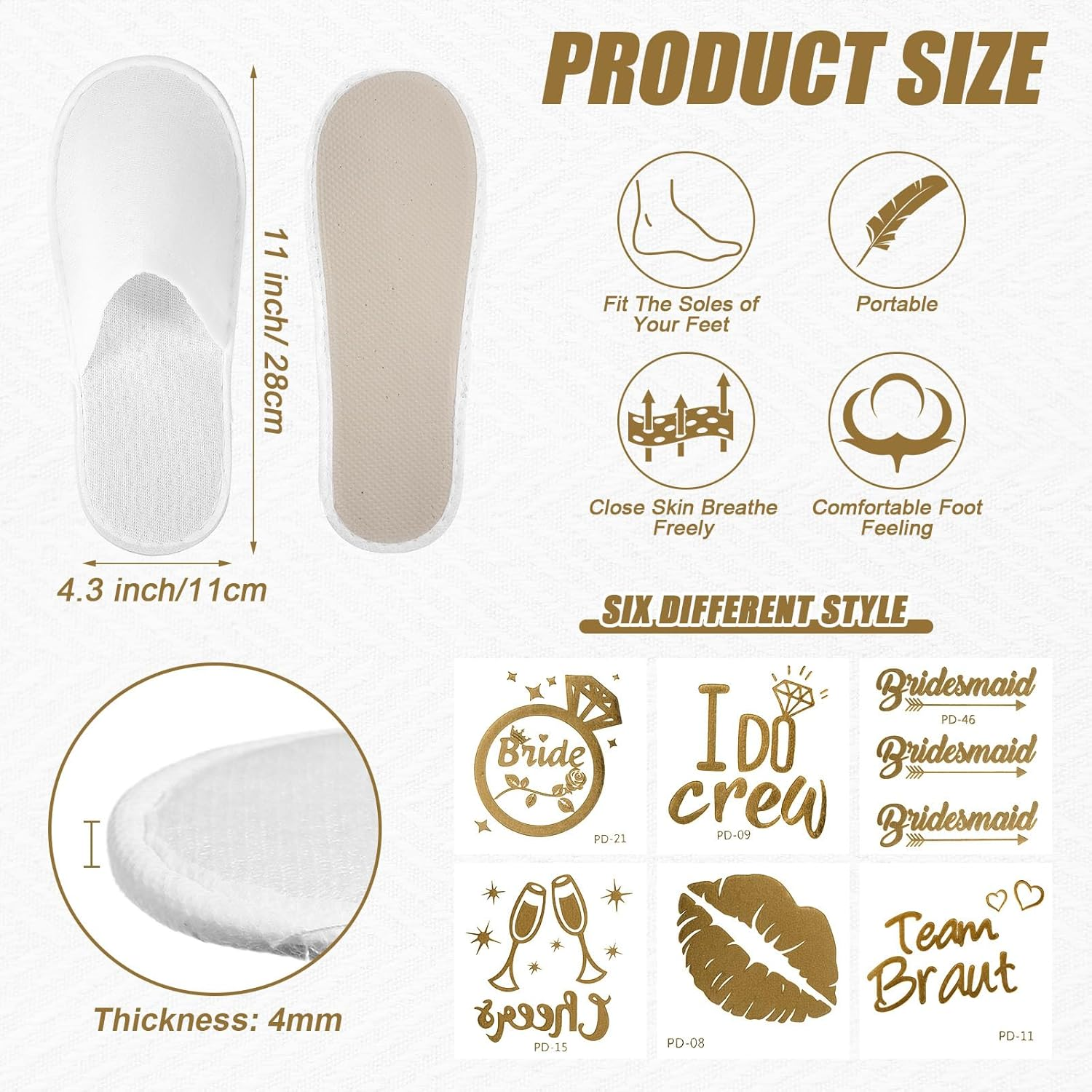 12 Pairs Disposable Wedding Slippers Disposable Hotel Slippers for Guests Bride Bridesmaid Gifts for Travel Spa Home Bridal Shower Women Closed Toe (US Men Size 10,Women 11), Black, One Size image number 3