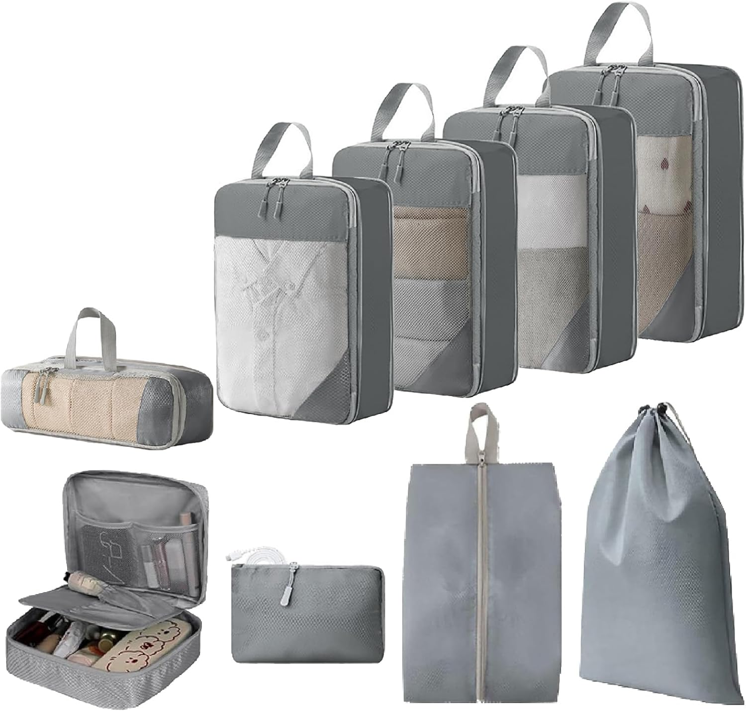 9 Pcs Compression Packing Cubes with Mesh,Lumobrilla Travel Packing Cubes Set,Travel Organisers for Carry on Suitcases,Expandable Storage for Luggage Suitcases Travel Accessories,Set of 9,Grey - 4 Pcs-Black-Mesh image number 2