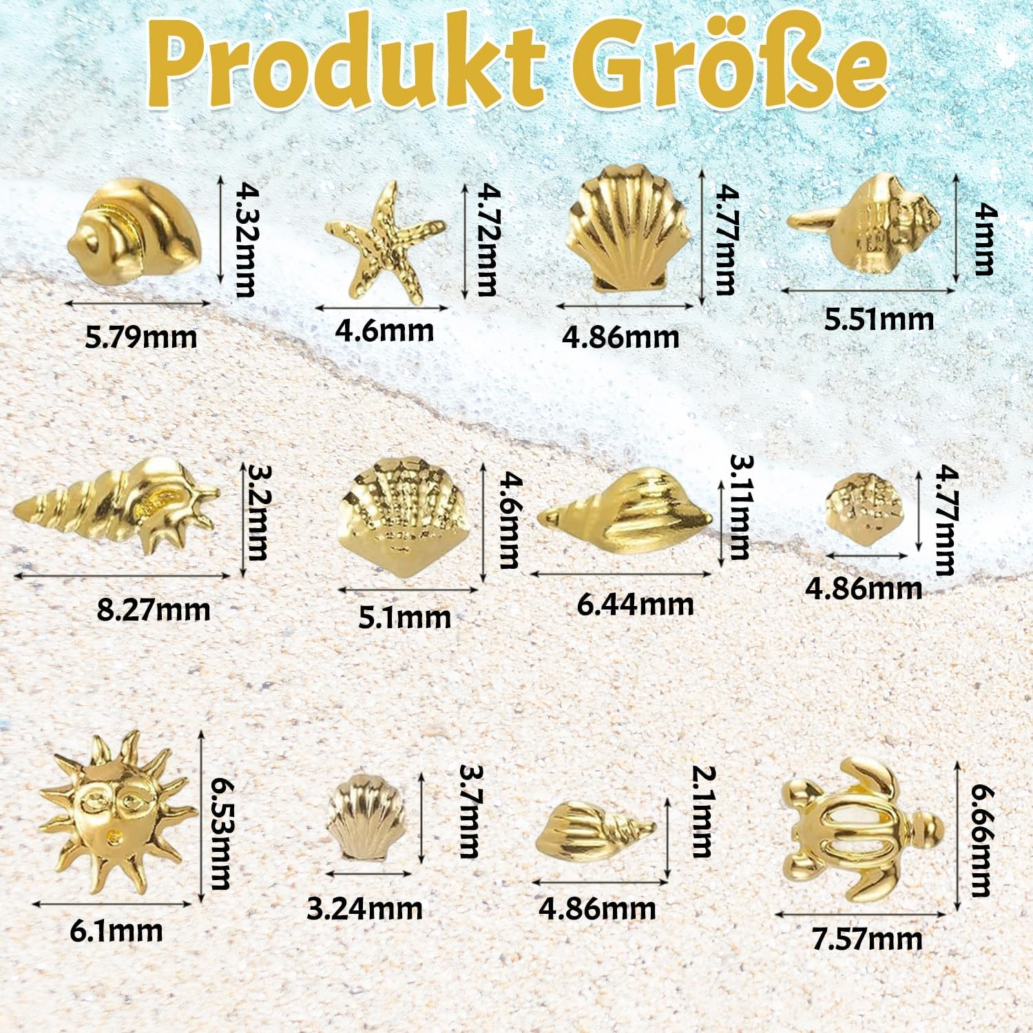 Nail Charms Gold, 122 Pieces 3D Gel Nail Art Charms Nails, Ocean Summer Sea Star Shell Rivets Charm Set, Metal Nail Design for Gel and Acrylic Nails, Golden 3D Nail Art DIY image number 1