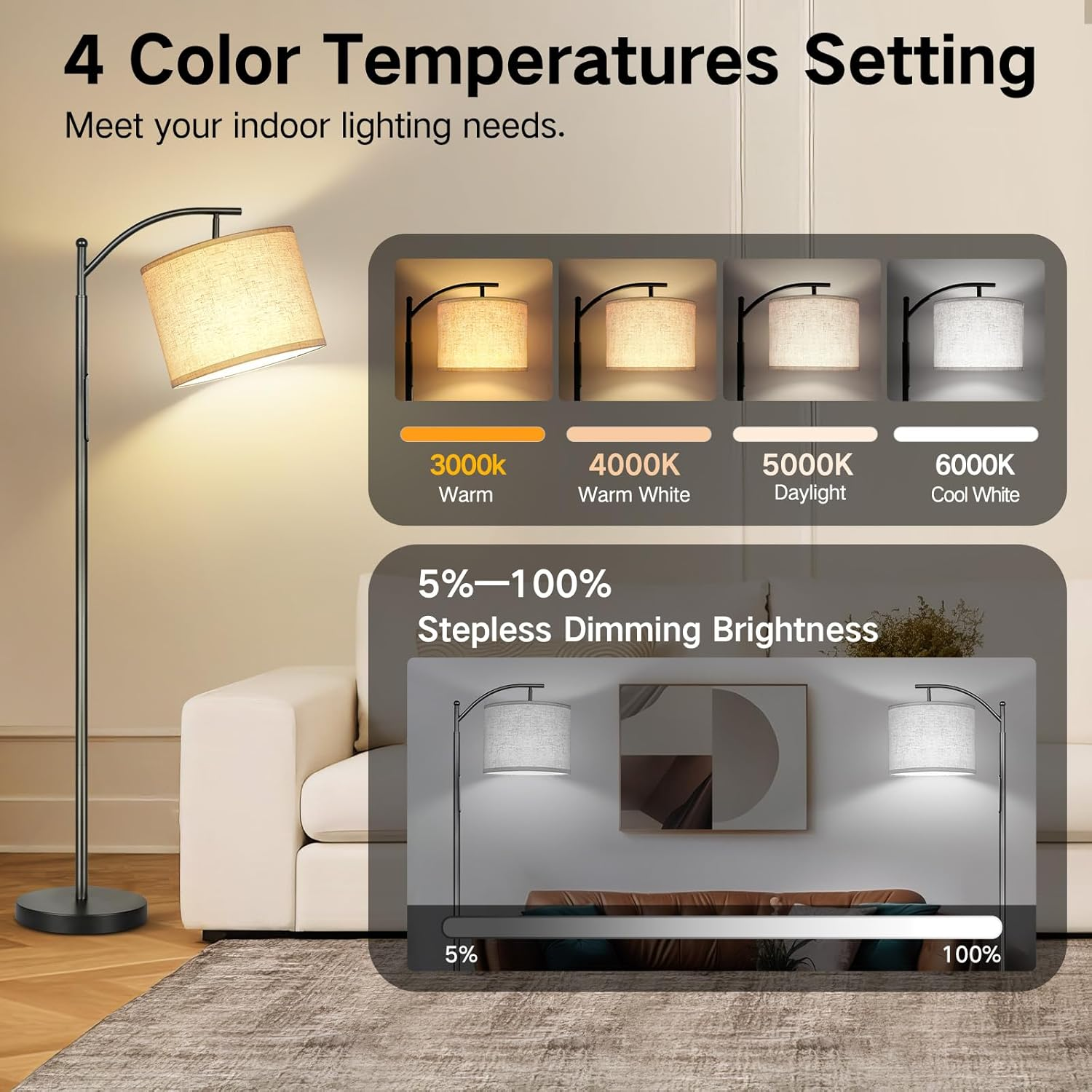 GOOGO Floor Lamp Living Room with Adjustable Angle Linen Lampshade, 3 Colour Temperatures, Floor Lamp Dimmable with Touch Control, App and Remote Control, 1-Hour Timer, for Home Office, Bedroom image number 2