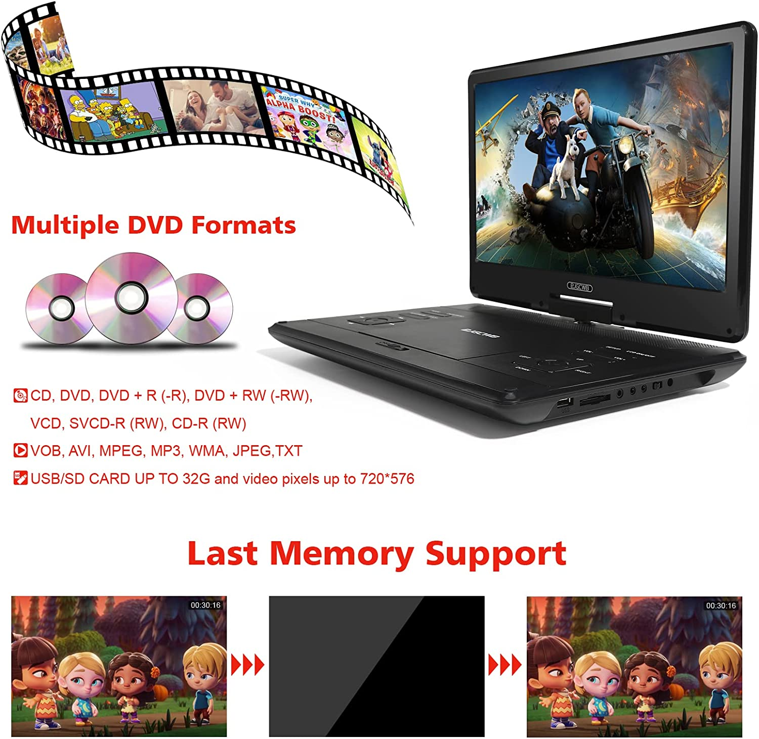 16.9" Portable DVD Player with 14.1" Large HD Screen,High Volume Speaker,4-6 Hours Built-In Rechargeable Battery,Support USB/SD Card/Sync TV and Multiple Disc Formats,Region Free,Remote Control,Black image number 4