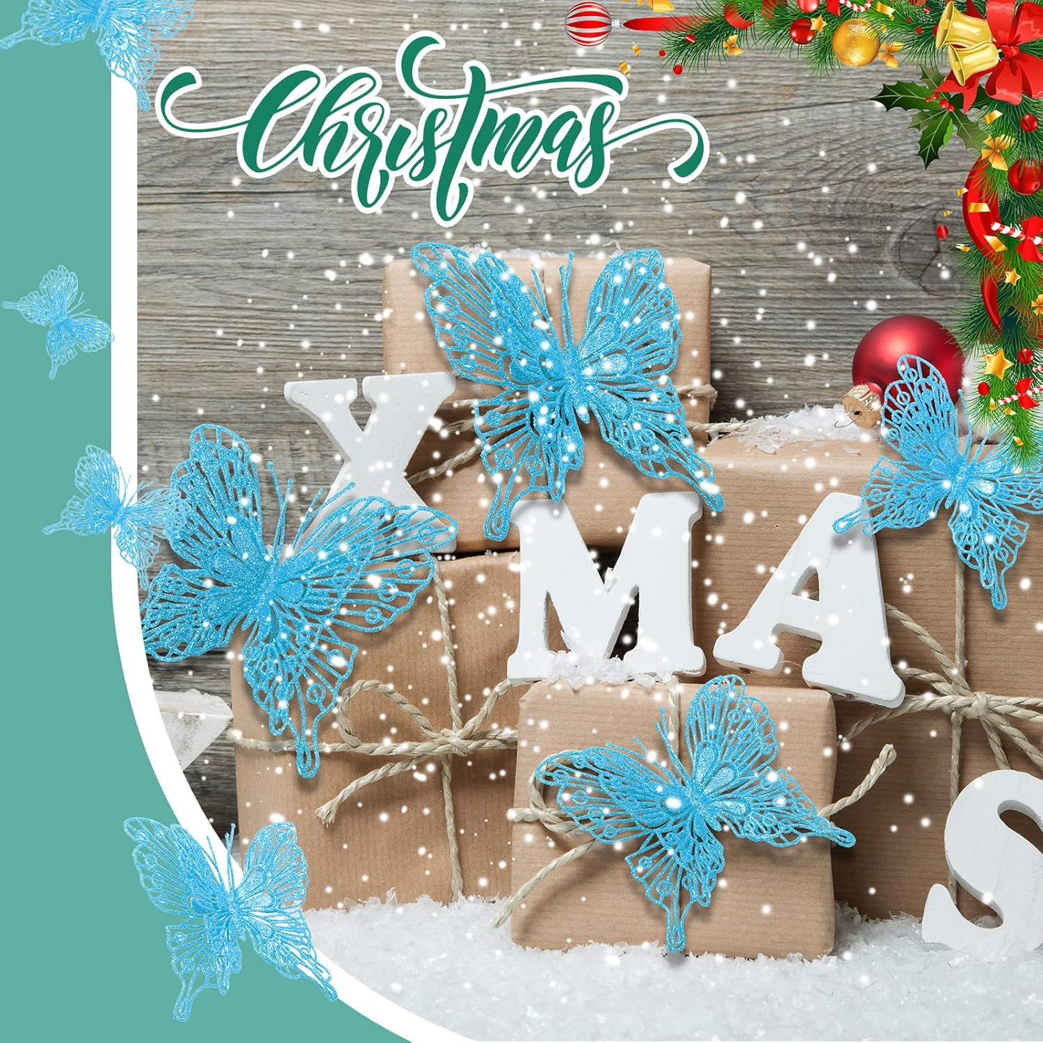 Charniol 36 Pcs 3 Size Christmas Tree Butterfly Decorations Glitter Hollow Butterfly Ornaments Hanging Decorations with Clips for Holiday Crafts Christmas Tree (Blue)