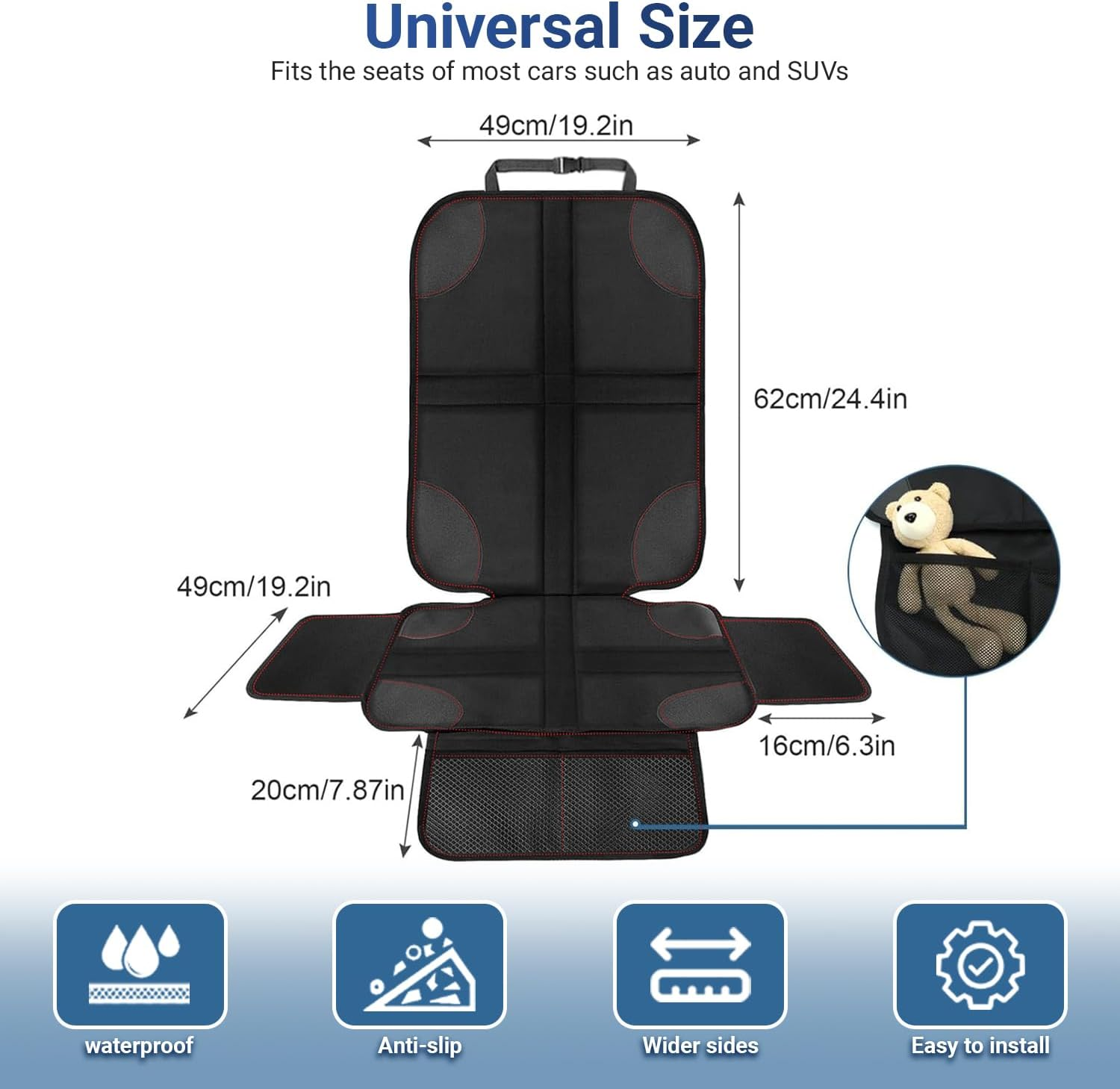 Xkimos Car Seat Protector for Child Car Seat, 600D Fabric Waterproof Car Seat Cover with Non-Slip Backing, Universal Fit with Mesh Pockets & Extra-Wide Side Wings (1 Pack) image number 1