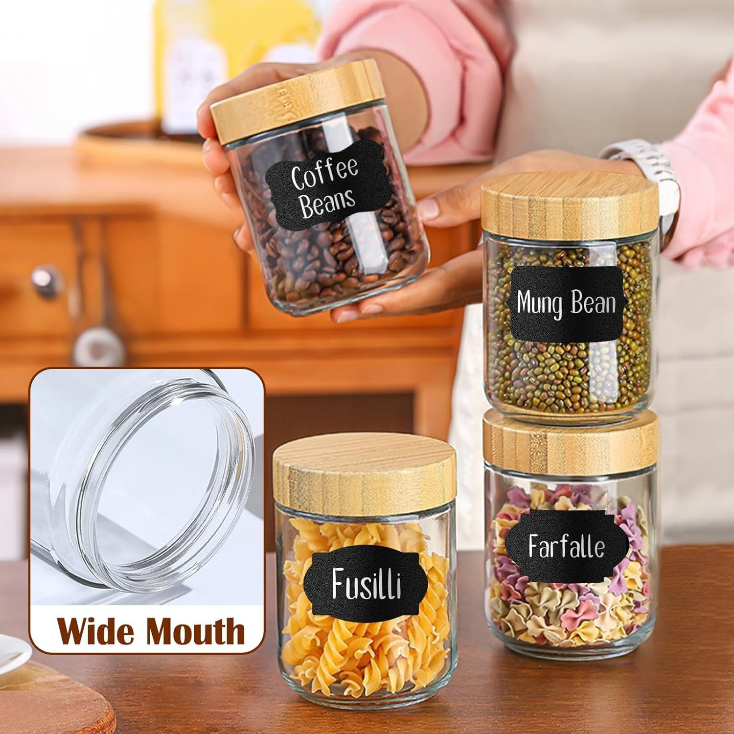 8 Pack 480Ml Glass Jars with Bamboo Lids and Spoon Pen Sticker Set, over Night Oats Glass Food Storage Containers Salad Jars for Food, Yogurt, Sugar and Flour, Coffee Bean, Cookie, Cereal image number 3