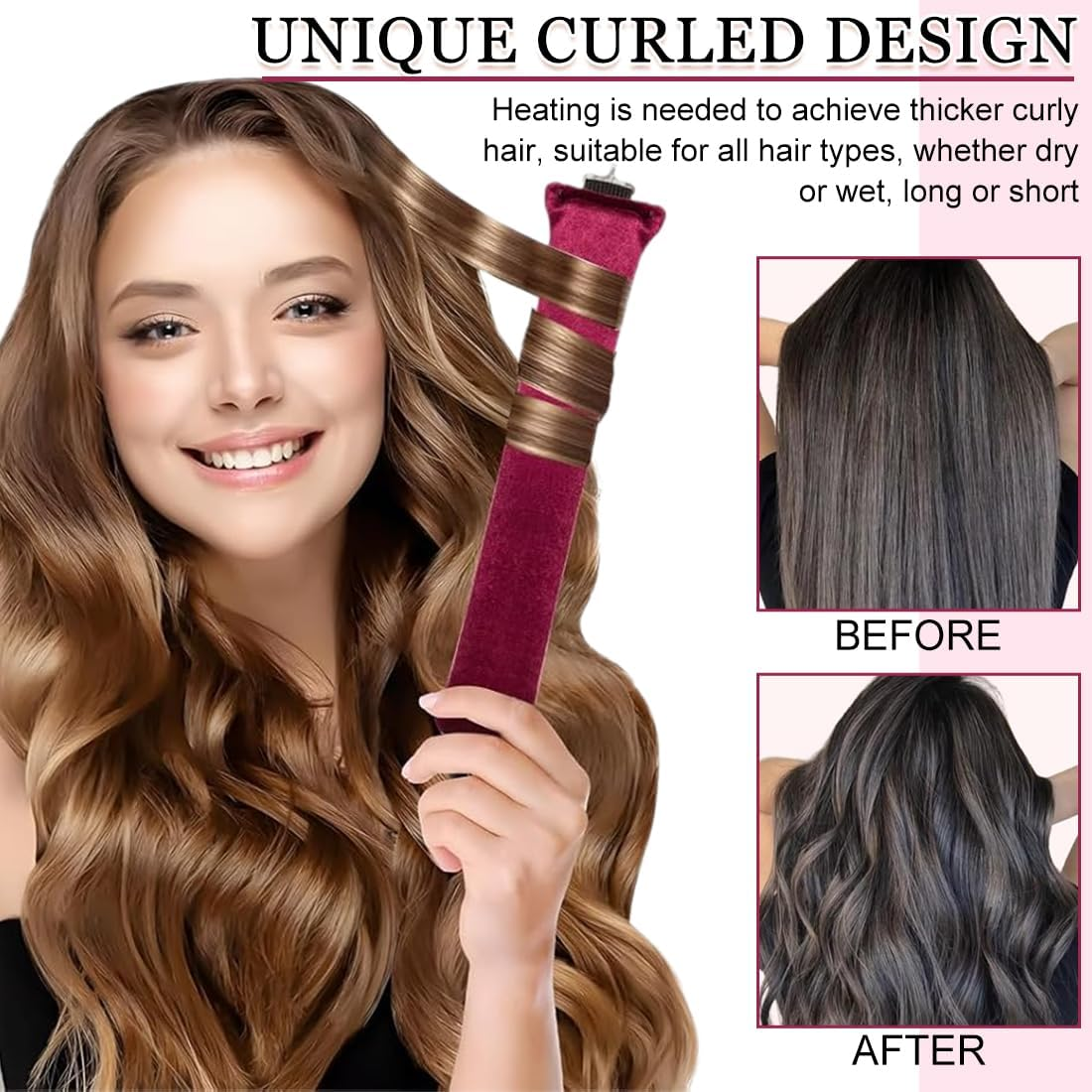 Heatless Curls Band, 3 Pieces, Heat-Free Curlers, Brown, Heatless Curls Set, Soft Velvet, Overnight Blowout Curls without Heat
