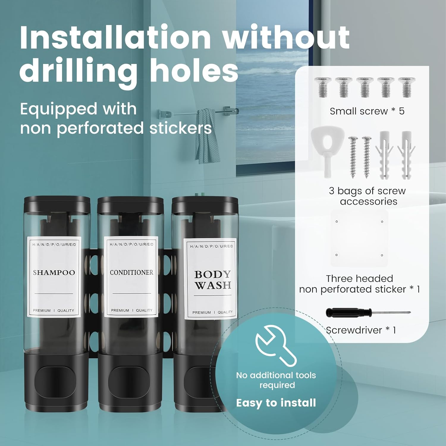 No Drill Shower Soap and Shampoo Dispenser - 3 Chamber Wall Mounted for Bathroom (Black) image number 5