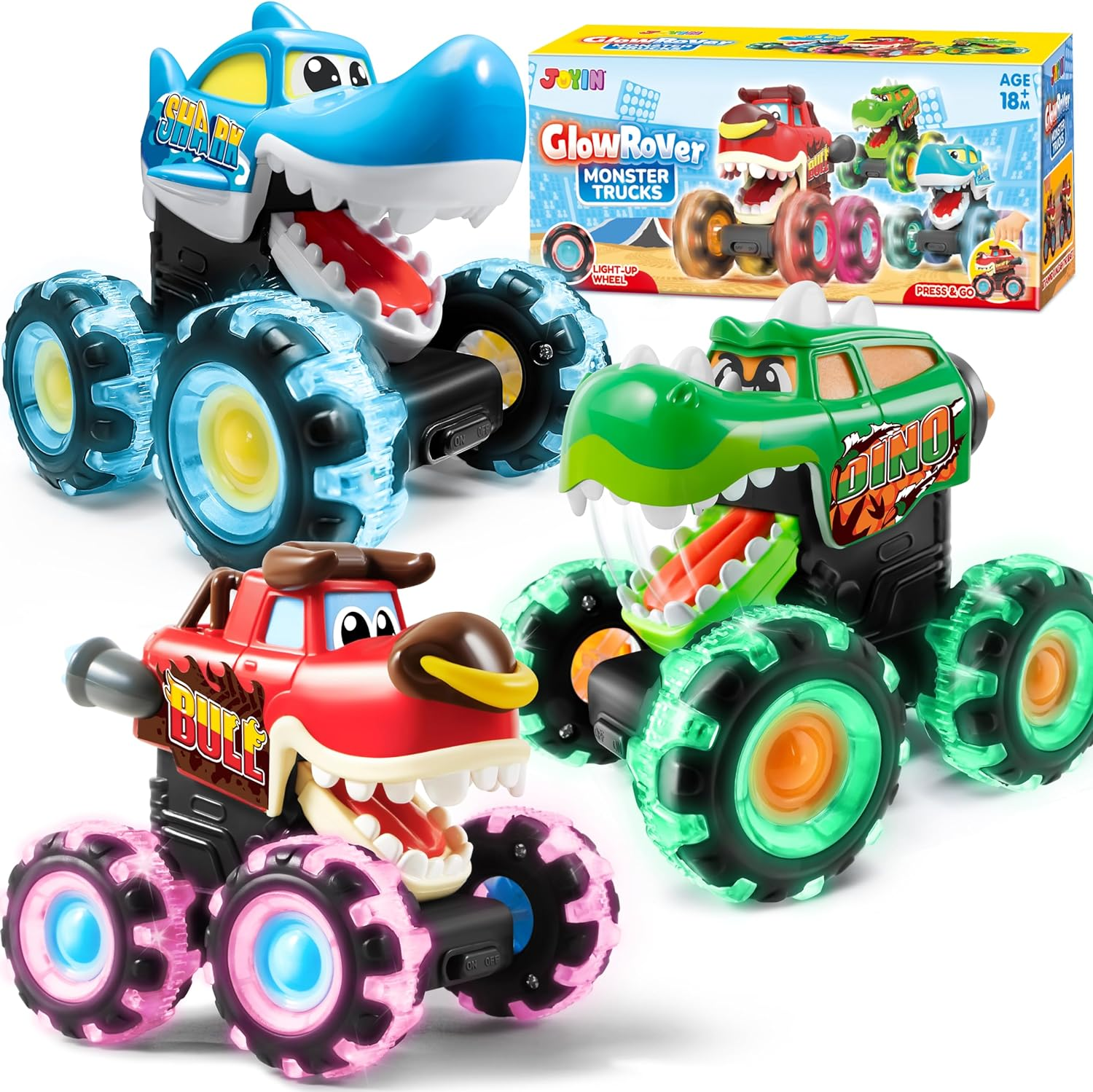 JOYIN 3 Pack Monster Truck Toy - Motion Activated Light-Up Cars for Toddlers - Monster Treads Lightning Wheels - Baby Toy Present - Press & Go Cars for Boys Girls image number 4