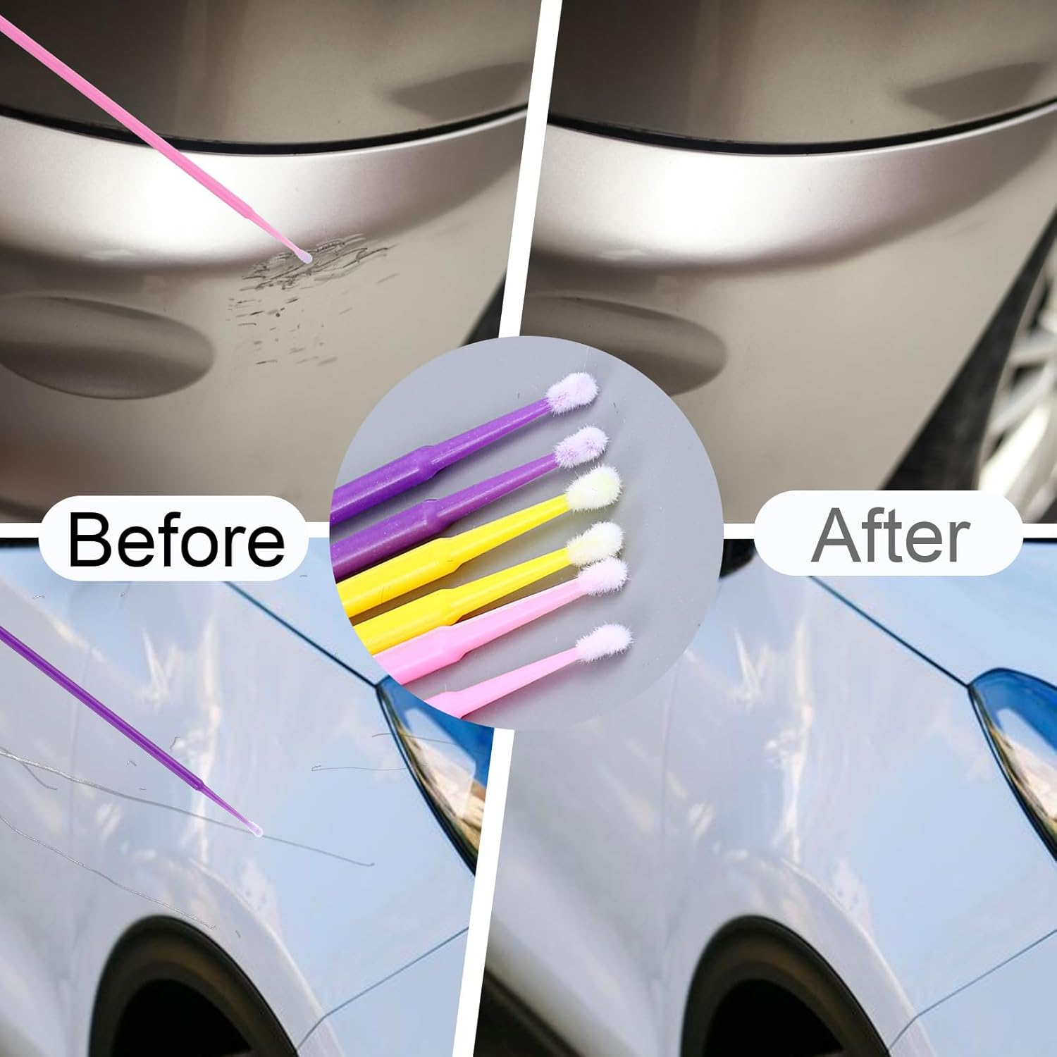 300Pcs Micro Applicator Brush,Touch up Paint Brushes for Automotive Paint Chip Repair Disposable,3 Different Sizes of Touch up Brushes 1.5Mm,2Mm,2.5Mm (Yellow Pink Purple) image number 3