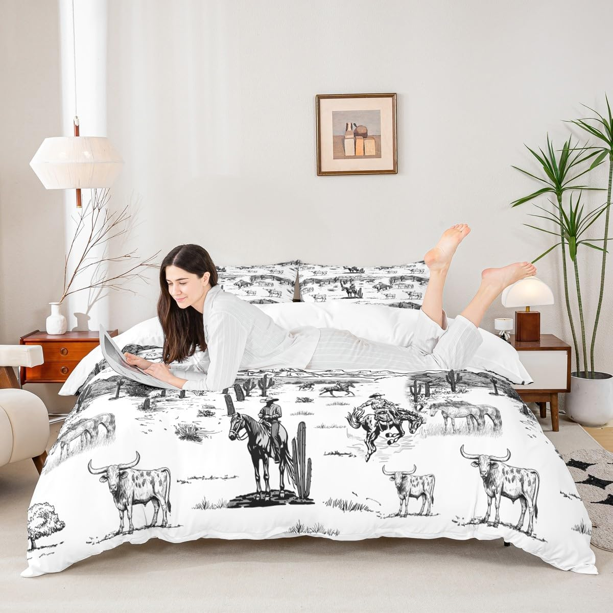 Western Cowboy Duvet Cover Set King Size,Vintage Southwest Style Comforter Cover Desert Cactus Cow Horse Animals Bedding Set for Kids Boys Girls Adult Room Decor,Grey Brown White Quilt Cover 3Pcs