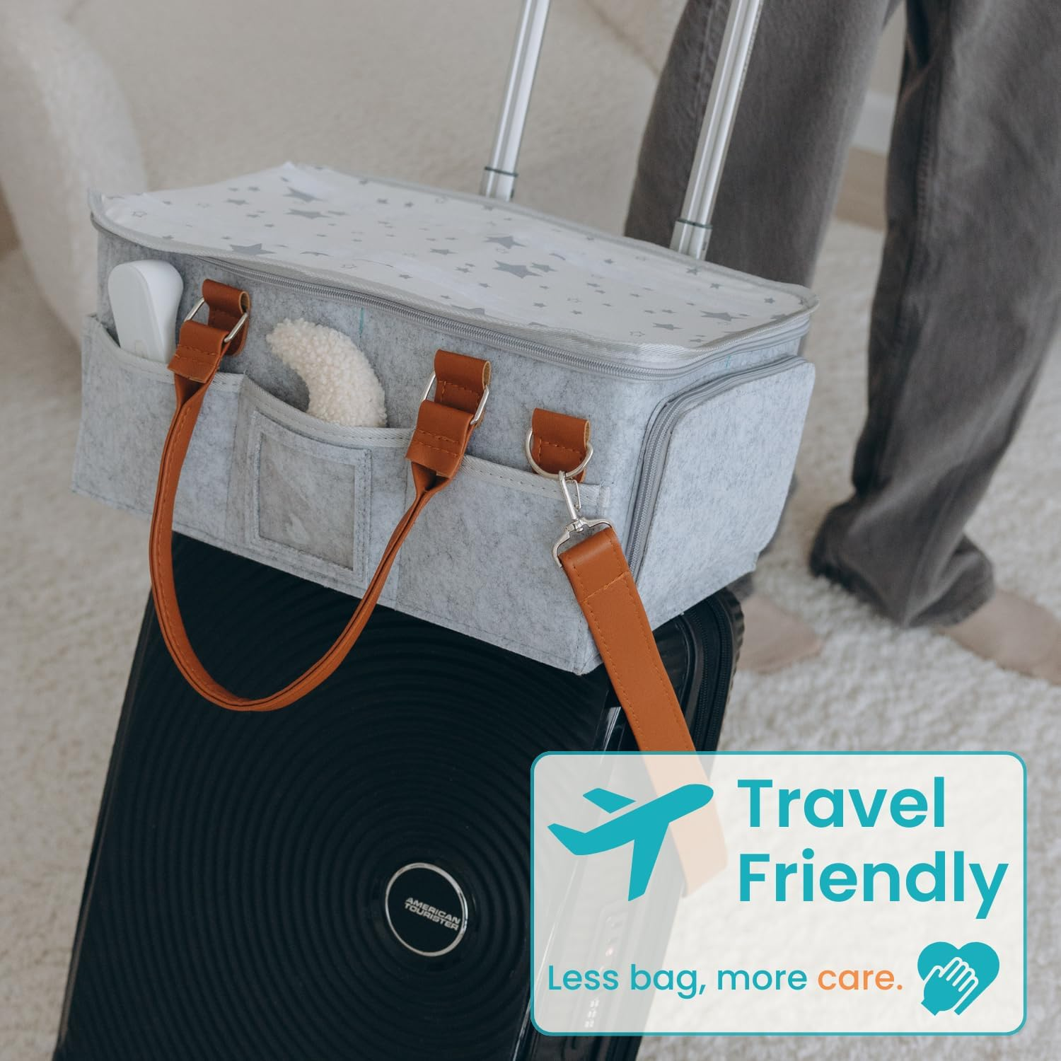 Misenfar Large Baby Diaper Caddy Storage Bag with Roll Lid and 2 Removable Dividers, Portable Nappy Caddy Storage Basket for Nursery, Changing Table, in the Car image number 6