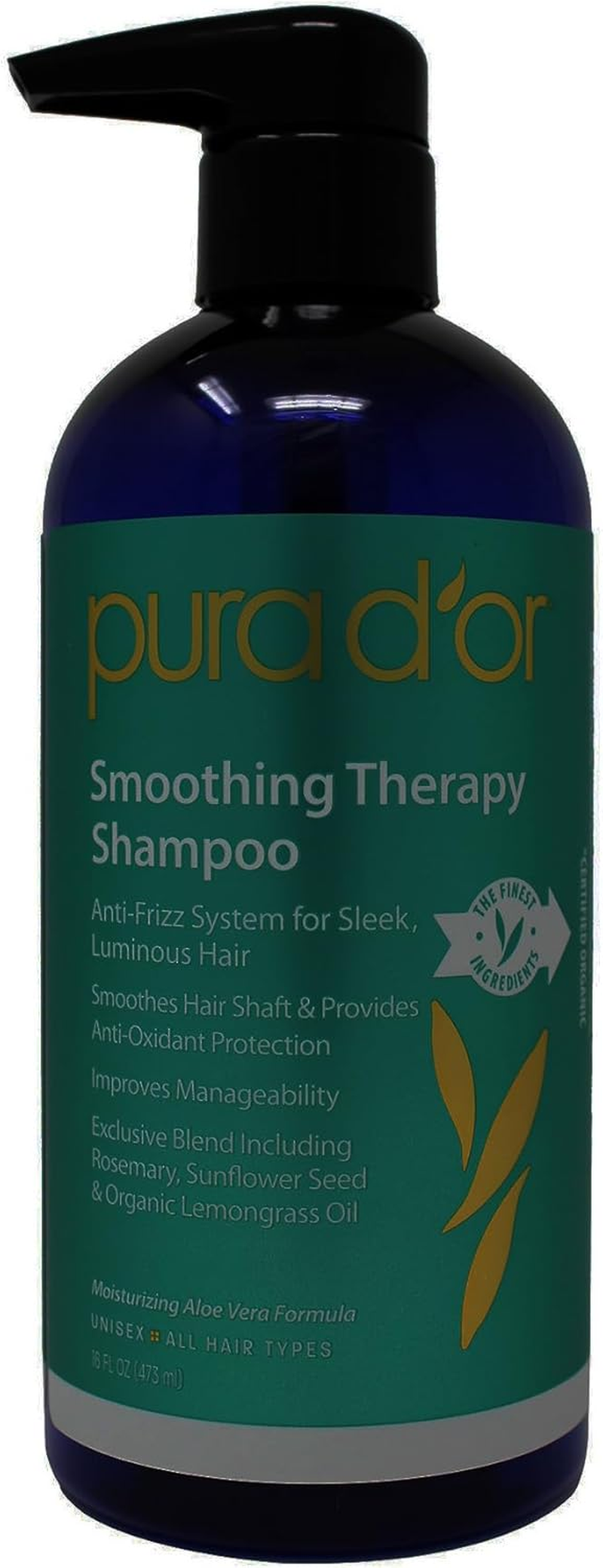 PURA D'OR Smoothing Therapy Anti-Frizz Straightening Shampoo for Dull, Dry, Brittle Hair, 16 Fl Oz