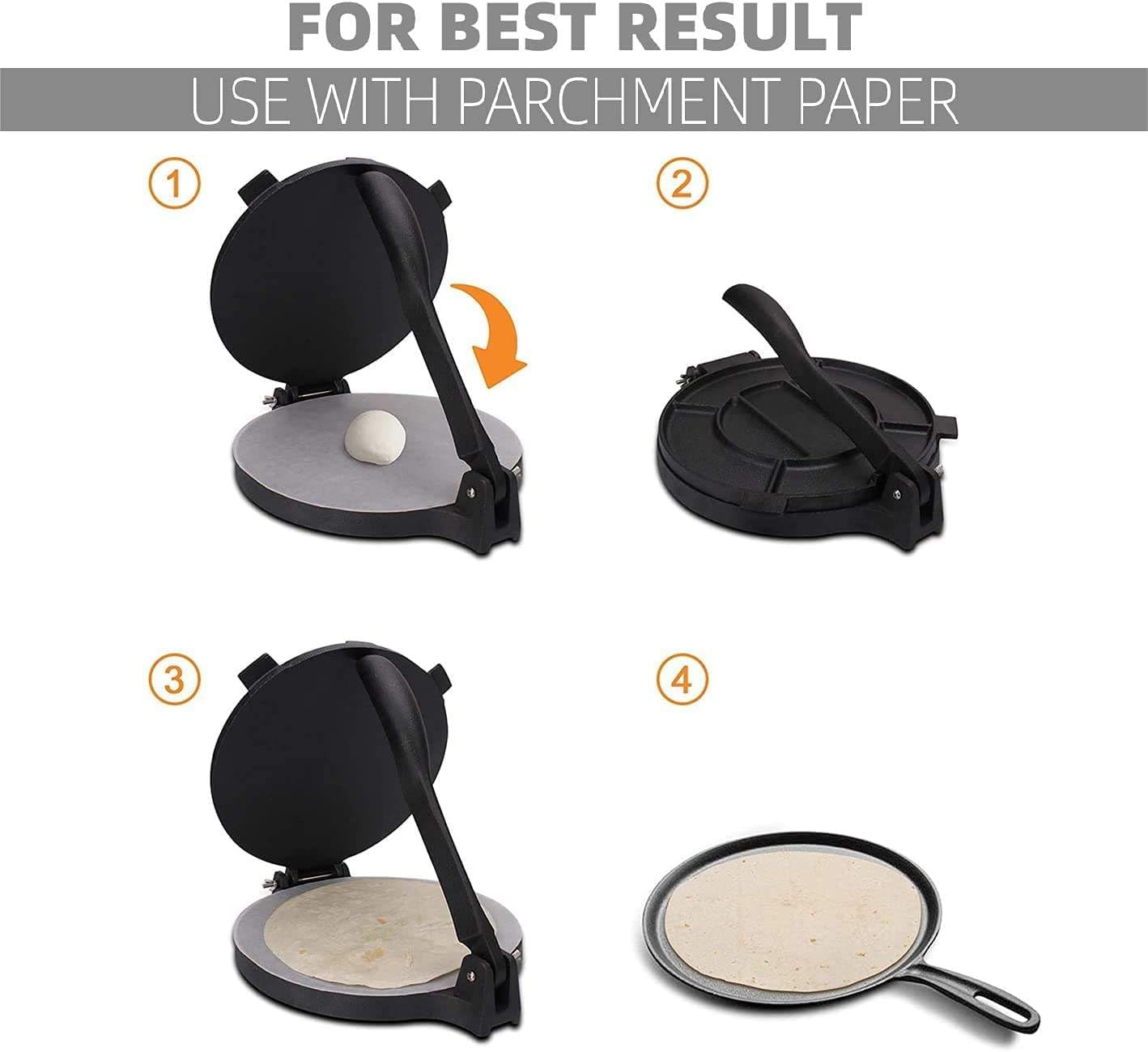 Cast Iron Tortilla Press Roti Maker Quesadilla Flour Tool Indian Style Tortilla Making Homemade Mexican Set Scraper Rolling Pin (20Cm) image number 3
