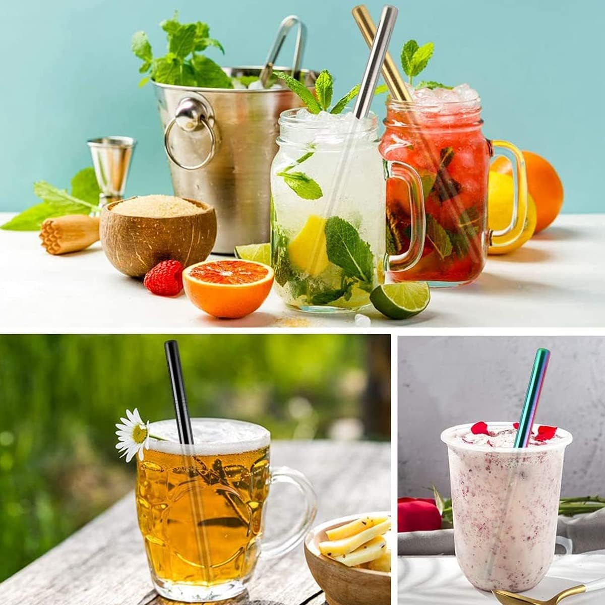 7 Pcs 8.5" Reusable Boba Drinking Straws 304 Stainless Steel Straws Set with 2 Cleaning Brushes Wide Metal Straw for Bubble Tea Milkshakes Smoothie Bar Accessory (Gold) - Mixed Color image number 6