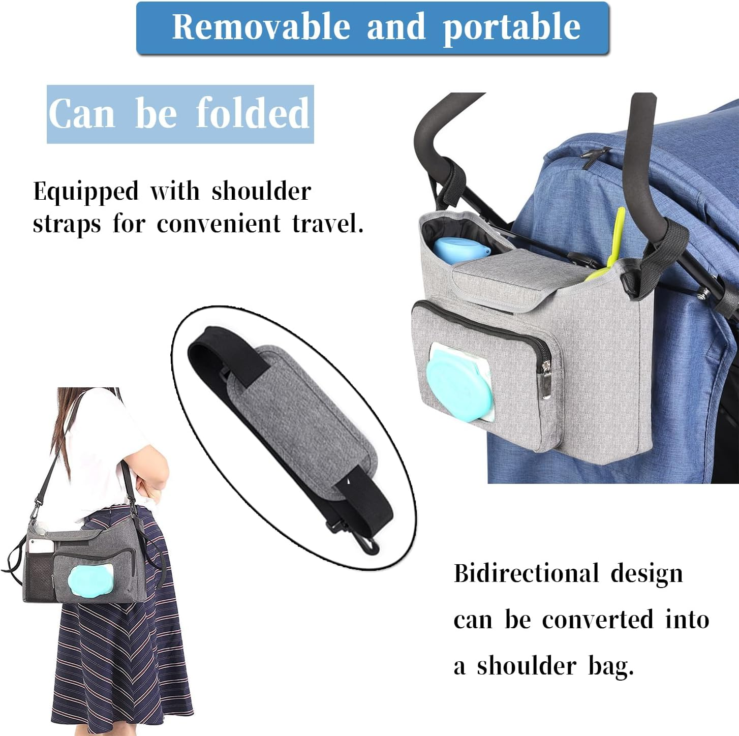 Baby Stroller Organizer with Cup Holders, Universal Stroller Accessories Caddy Storage Bag with Detachable Bag & Shoulder Straps for Carrying Diaper, Phone, Keys, Toys & Snacks (Balck) image number 2