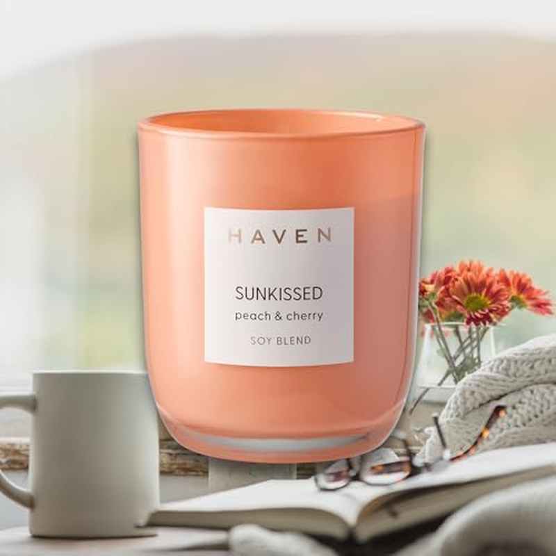 Haven Sunkissed Peach & Cherry Scented Soy Blend Candle - Natural, Non-Toxic, Long-Lasting Burn in Orange Glass Jar for Home Decor & Aromatherapy image number 3