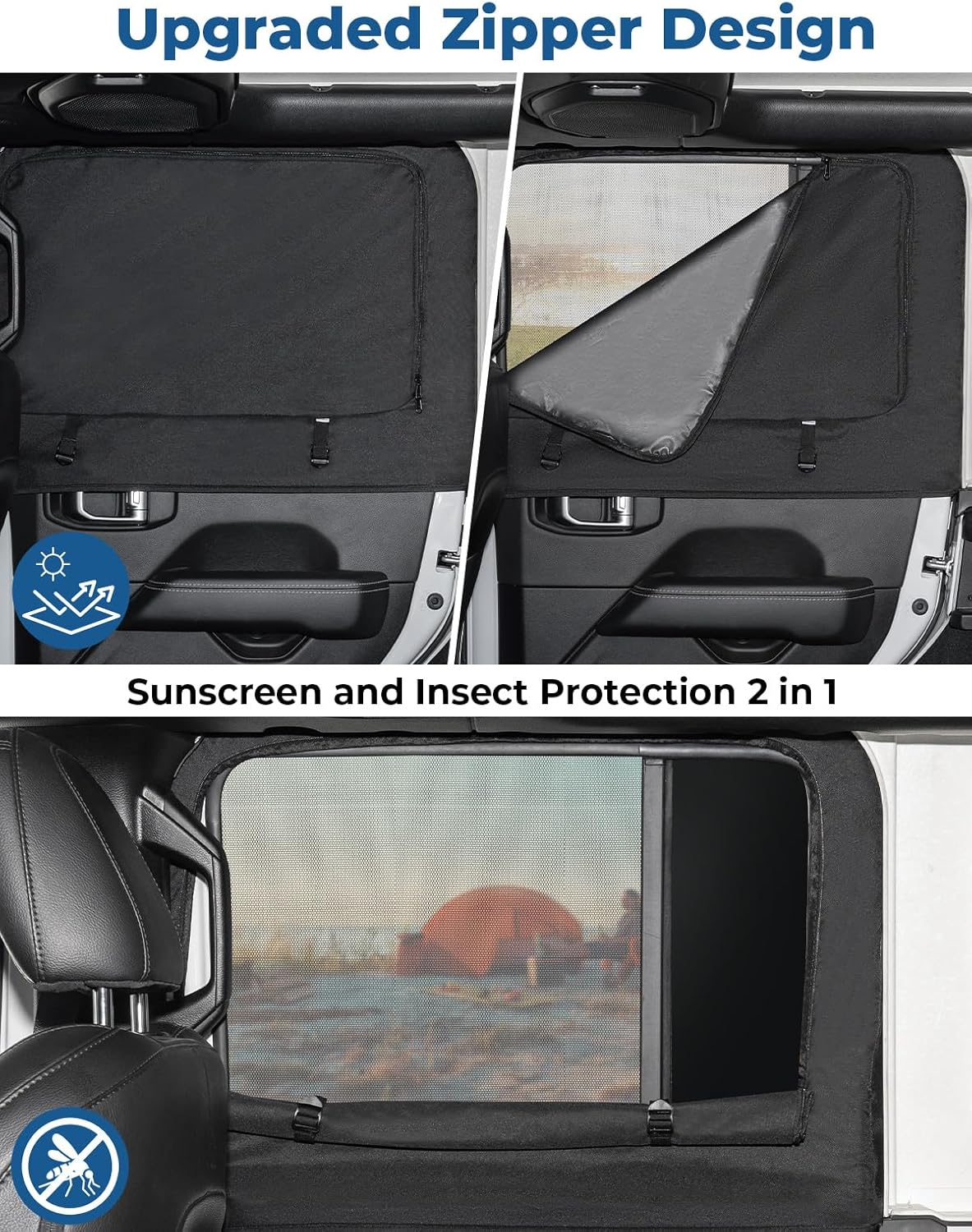 JOYTUTUS Rear Wrangler Side Window Sun Shade Camping Window Insect Screen Compatible with 2007-2024 Wrangler JK JL 4 Doors Gladiator JT, Car Window Covers for Privacy Blackout 2 Pcs image number 4