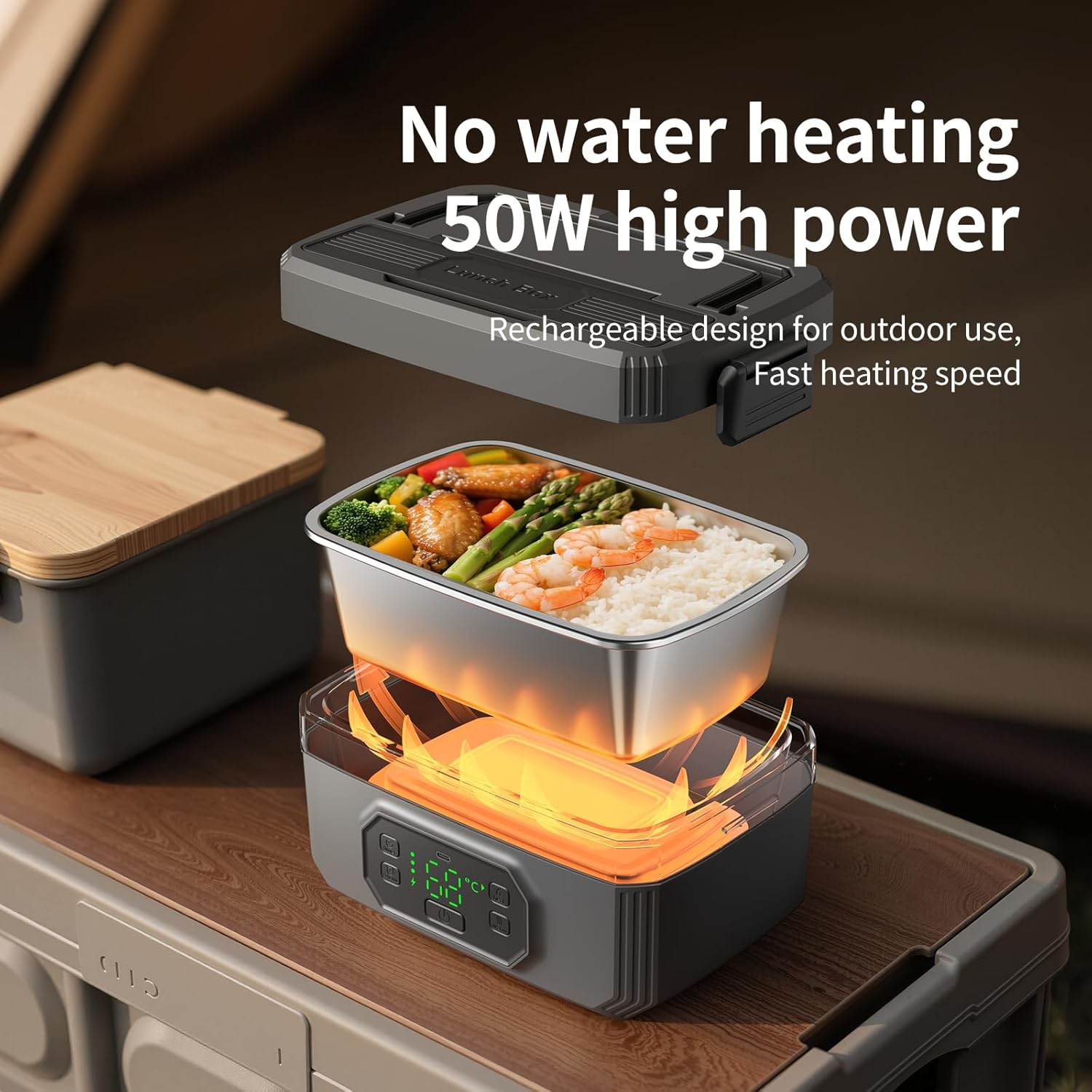 Cordless Insulated Electric Lunch Box, 21000Mah Cordless Heating Lunch Box 1.2 L Stainless Steel, Leakproof Portable Electric Food Warmer with 6 Temp & 8 Timer & Removable Tray Divider for Camping image number 4