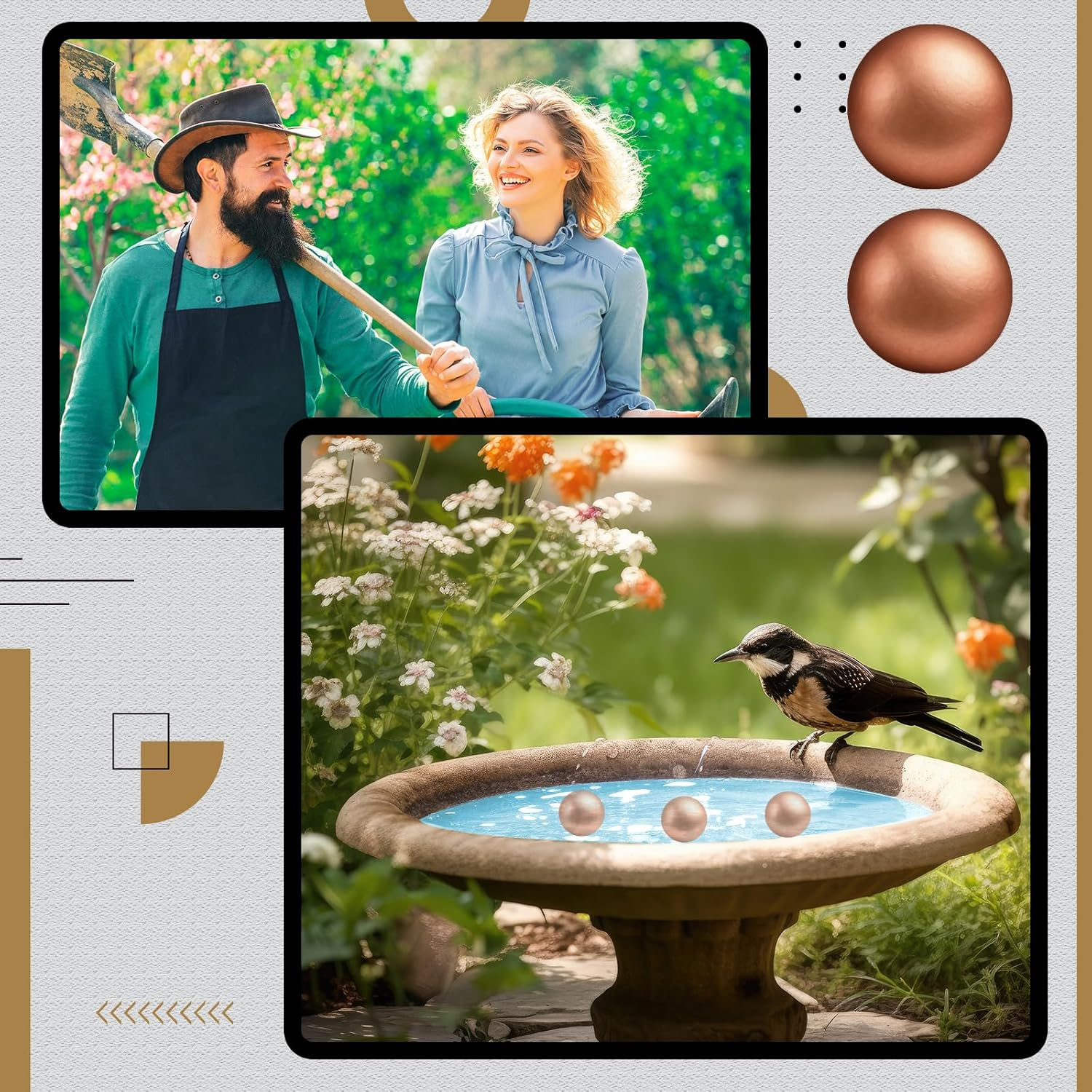 Otoolling 4 Pcs Bird Bath Copper Disk Balls, Spherical Design Purity Disk for Maximum Surface Contact, Natural Water Purification, Universal Fit Outdoor Birdbaths, All Season Use (Copper,14 Mm) image number 1