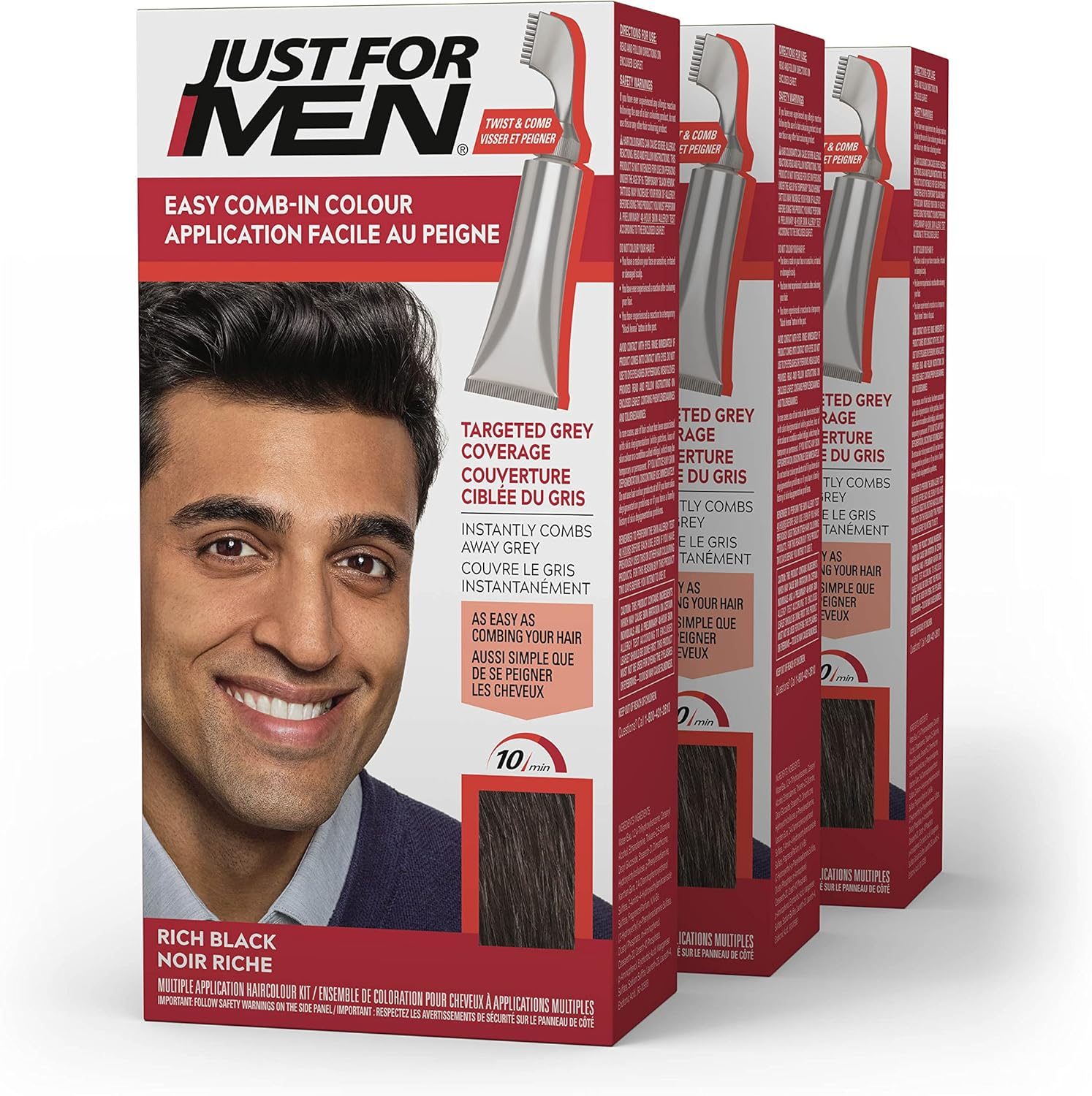 Just for Men Easy Comb-In Color (Formerly Autostop) Mens Hair Dye, Easy No Mix Application - Rich Black, A-65, 3 Pack image number 5