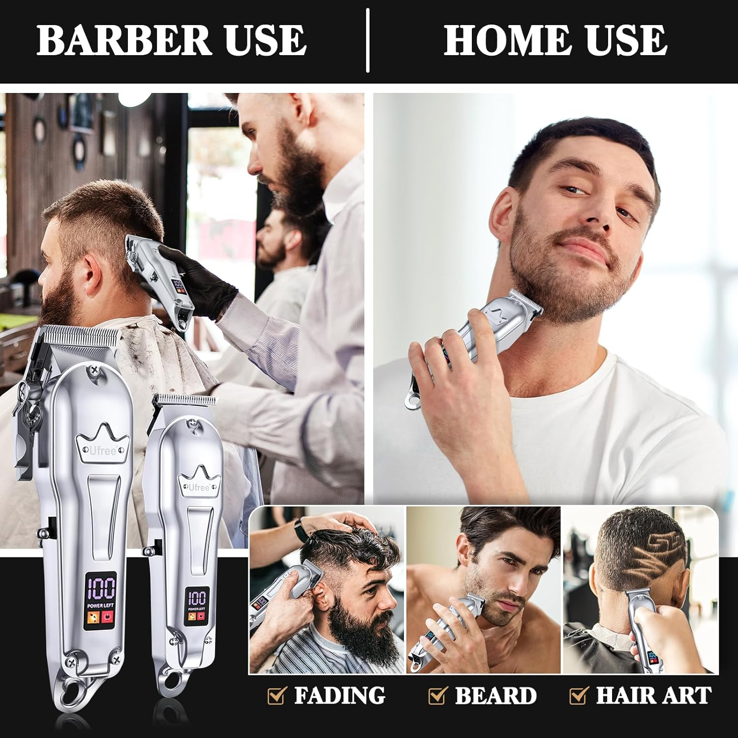 Ufree Hair Clippers for Men Professional, Barber Clippers and Trimmers Set, Cordless Hair Clippers for Hair Cutting Kit with LED Display, Electric Hair Trimmer, Gifts for Men, Silver