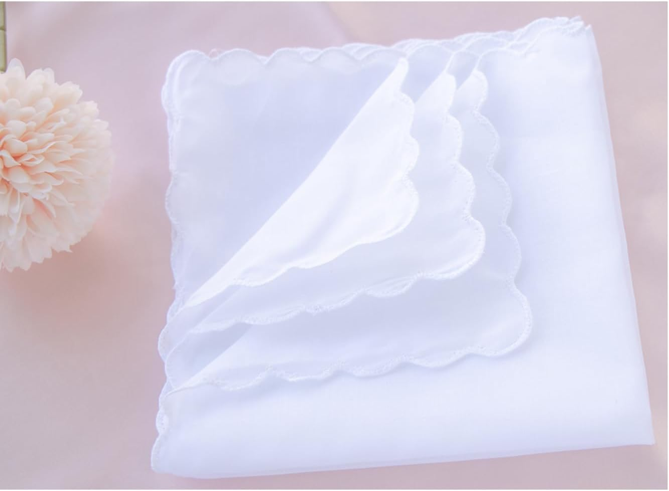La Closure White Cotton Scalloped Edge Handkerchiefs Hankies -Square 30Cm image number 4