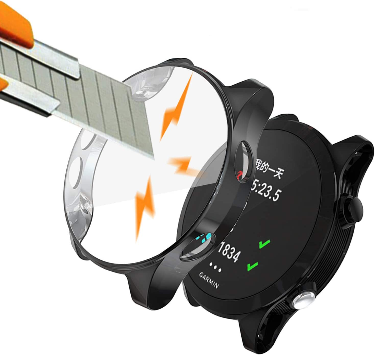 [2 Pack] for Garmin Forerunner 935/945 Screen Protector Case, Scratch-Resistant Lightweight Plated TPU Fullbody Protective Case for Forerunner 935/945 Smart Watch (Clear+Black)