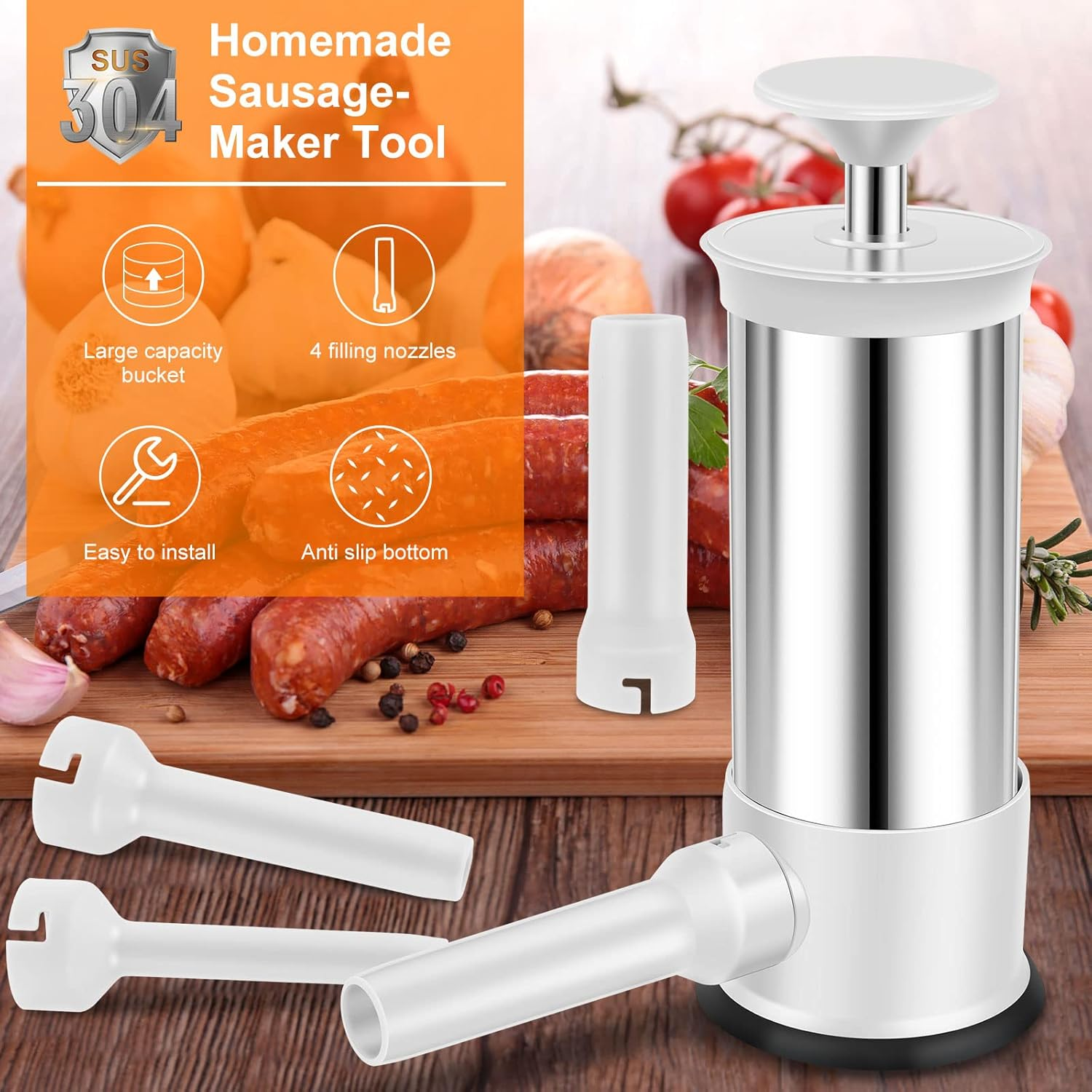 Manual Sausage Stuffer 2.2 LBS Stainless Steel Vertical Sausage Maker Machine with 4 Filling Tubes Meat Stuffing Filler Machine Household Commercial Use image number 3