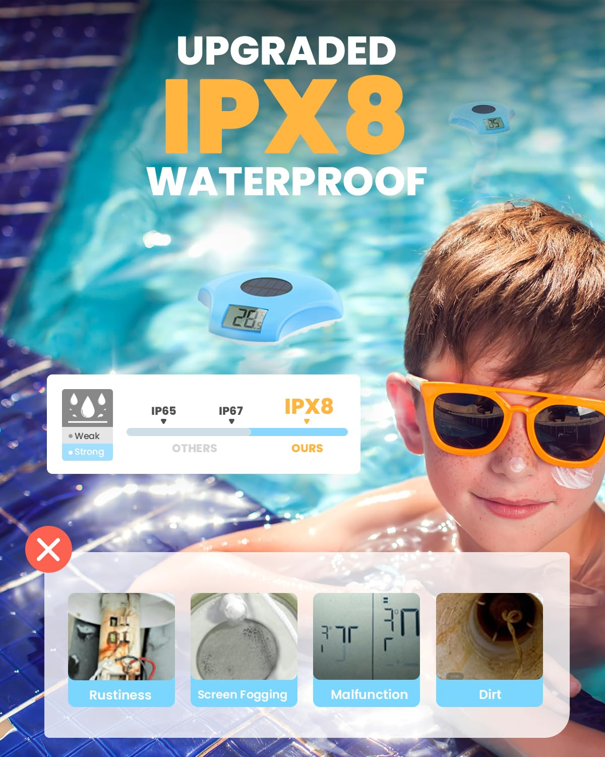 BALDR Pool Thermometer, Floating Digital, IPX8 Waterproof, Solar Powered, Easy Read, Blue - Blue image number 4