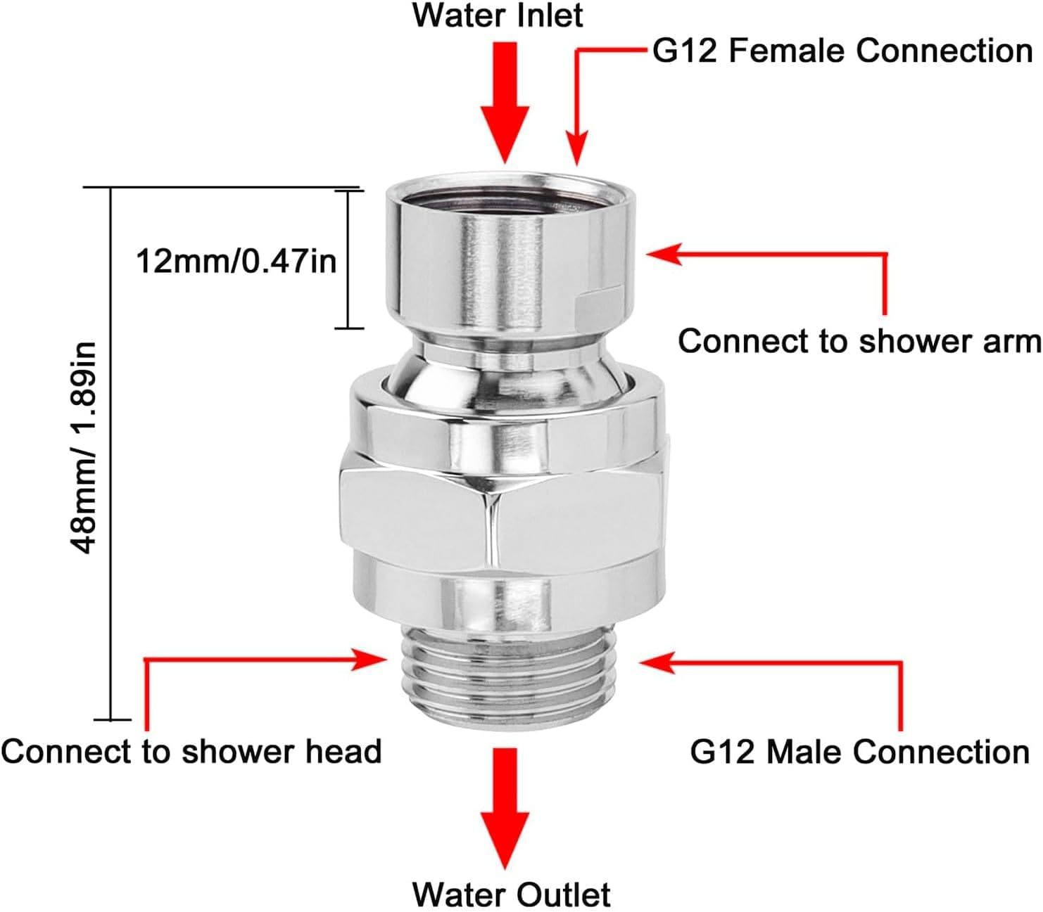 Bestgle Shower Connector G1/2 Top Shower Swivel Ball Joint Adapter Adjustable Copper Shower Head Holder Universal Shower Arm Extension Component, Silver image number 1