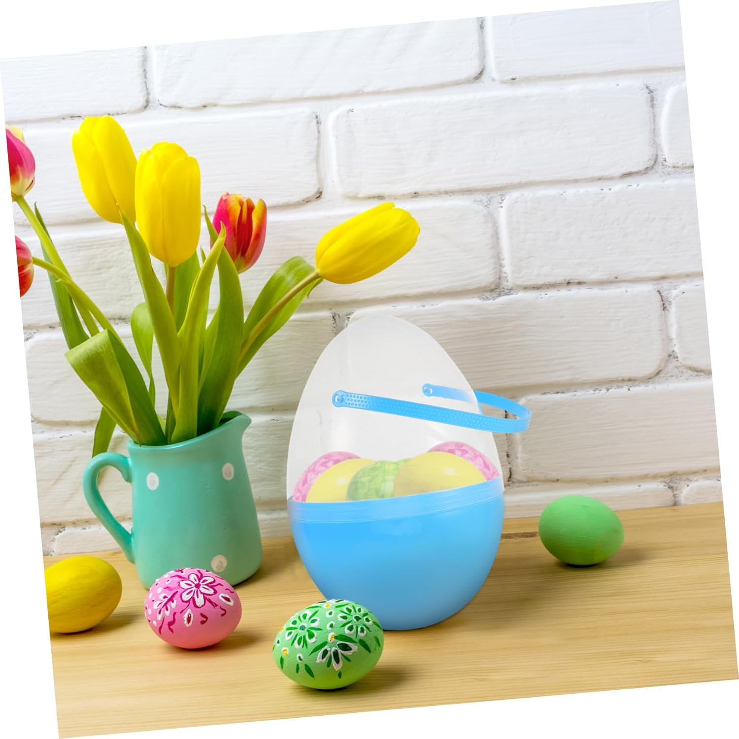 Cabilock Large Clear Easter Egg with Handle for Kids Easter Hunt Supplies and Holiday Decoration Egg Baskets Reusable and Fillable Plastic Easter Egg Containers - Yellow image number 7