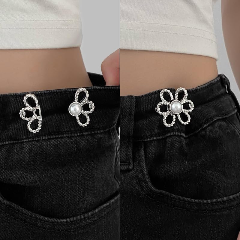 Flower Jeans Button 10 Sets Pant Waist Tightener, Adjustable Waist Buckle Sets No Sew and No Tools Detachable Decorative Waist Buckles, Jean Buttons Pins for Loose Jeans, Pants, Skirts (No Sew)