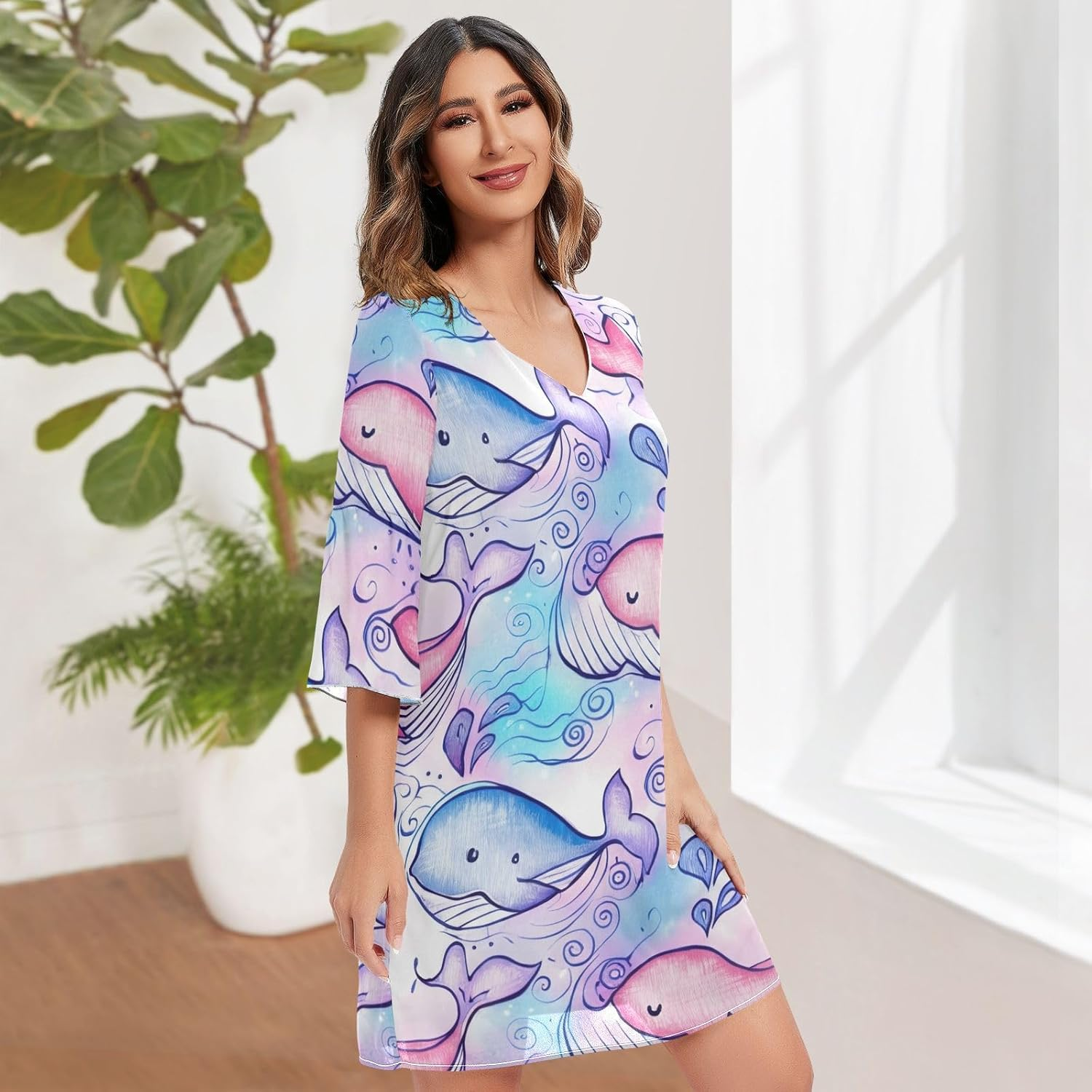 Cute Cartoon Whales Casual V Neck Dress Printed Line Maternity Dress S-XXL image number 4