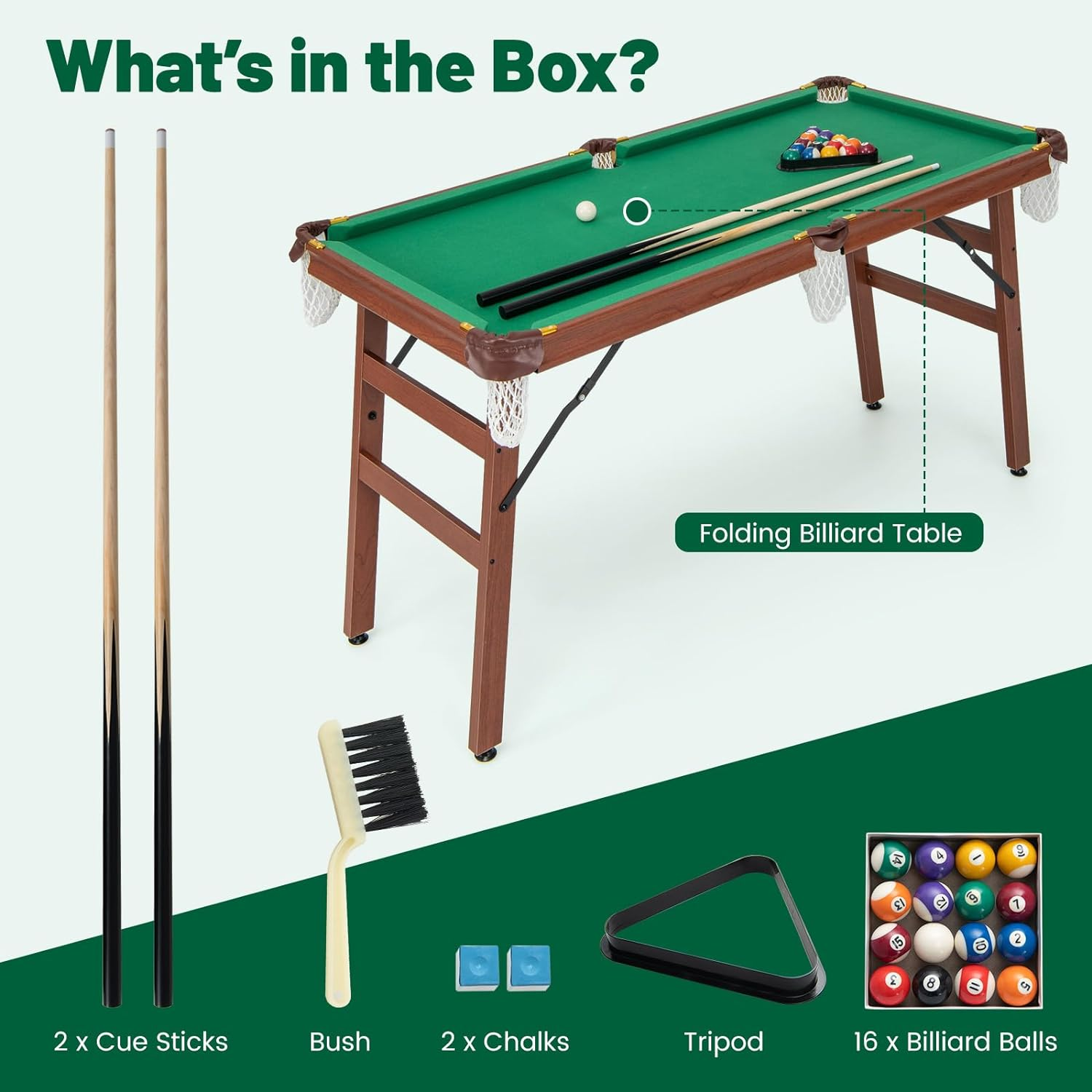 Costway Folding Pool Table Set, Portable Billiards Table Game W/Foldable Legs, Adjustable Foot Levelers, Leather Protected Corners, 2 Cues, 2 Chalks, 16 Balls, Triangle, Brush image number 5