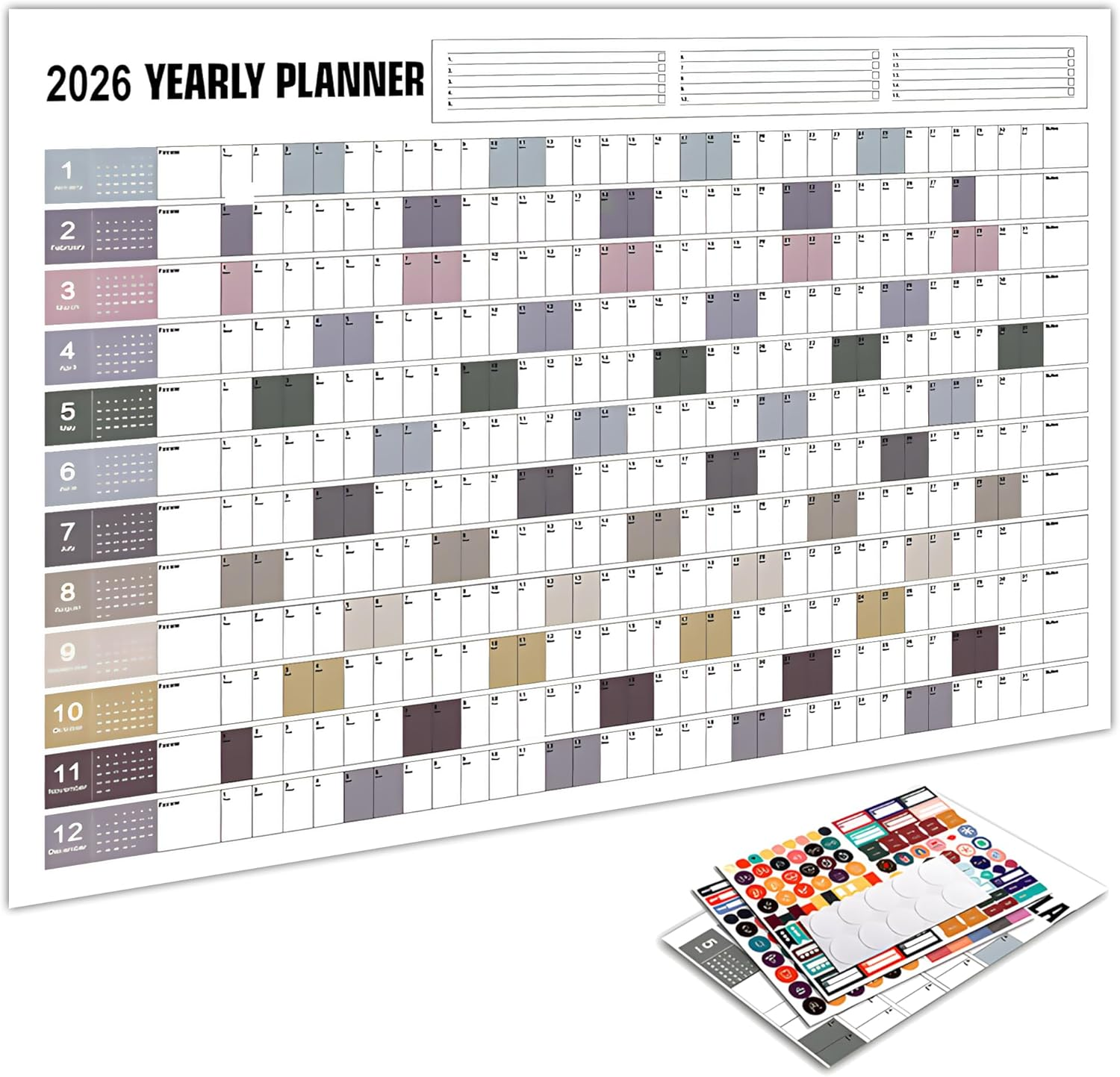 2026 Wall Calendar,Yearly Wall Planner Charts with Colored Stickers, Folded Paper Calendar 12 Month, Full Year Planner Calendar, 365 Daily Plan Chart, Easy Daily Planning at Home Office Classroom Decor image number 1