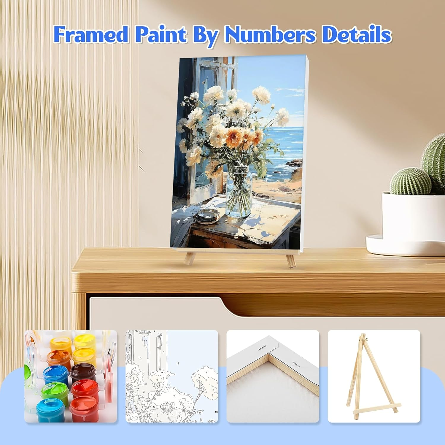NAIMOER 4 Pack Framed Paint by Numbers Vase Flowers for Adults Kids, DIY Easy Window Flowers Painting by Numbers with Frame Wooden Holder, Painting Art on Canvas Gifts Home Wall Decor 8X12In image number 5