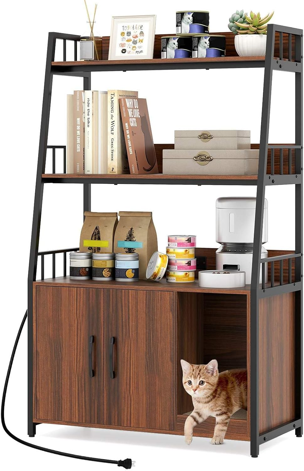 Costway Cat Litter Box Enclosure with Storage Shelves, Large Hidden Cat Washroom Furniture with Scratching Pad, Charging Station, Winding Entry, Indoor Tall Pet Cabinet Corner Shelf (Walnut + Black)