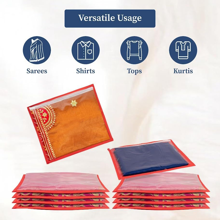 Homestrap Set of 24 Single Saree Covers | Transparent Top, Foldable & Zip Closure | Clothes Storage Bag & Wardrobe Organizer | Dust & Moisture Resistant Organizers |Red,Polypropylene - Beige image number 3