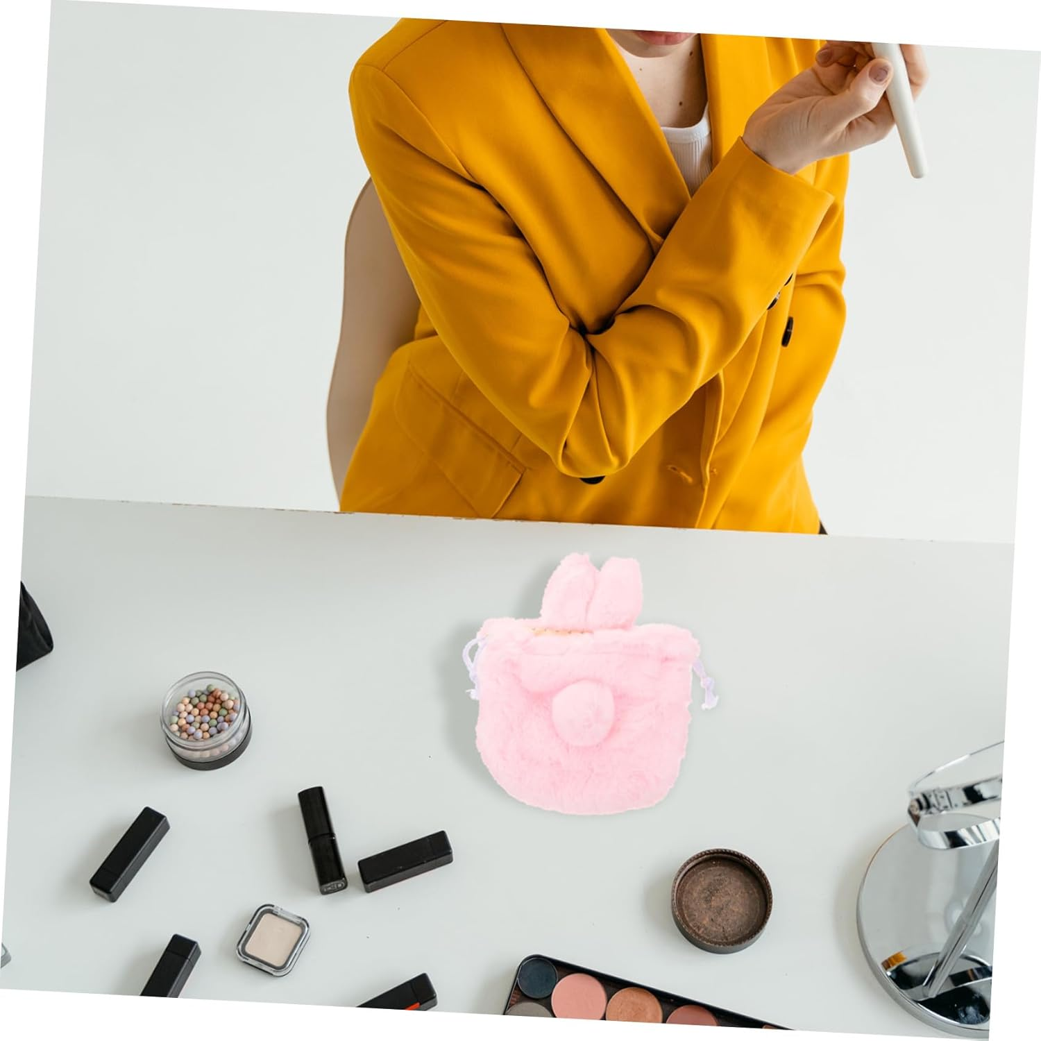 CTIRCHIU Plush Drawstring Cosmetic Bag Cute Bunny Toiletry Organizer Portable Makeup Pouch for Travel Outdoor Fitness Storage with Tear Resistant image number 1