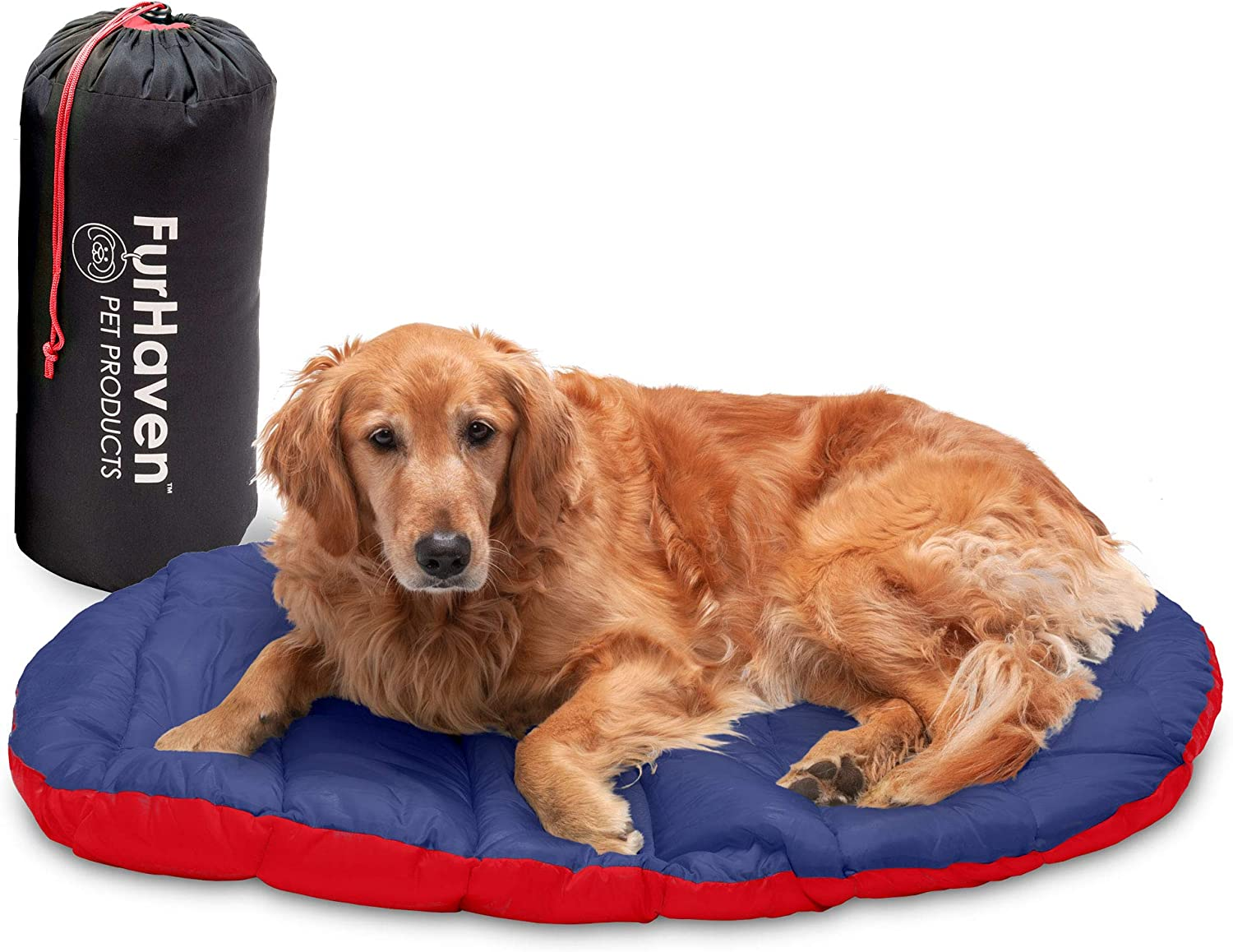 Furhaven Pet Dog Bed - Trail Pup Packable Outdoor Travel Pet Camping Pillow Bed Stuff Sack with Bag for Dogs and Cats, Flame Red and True Blue, Small