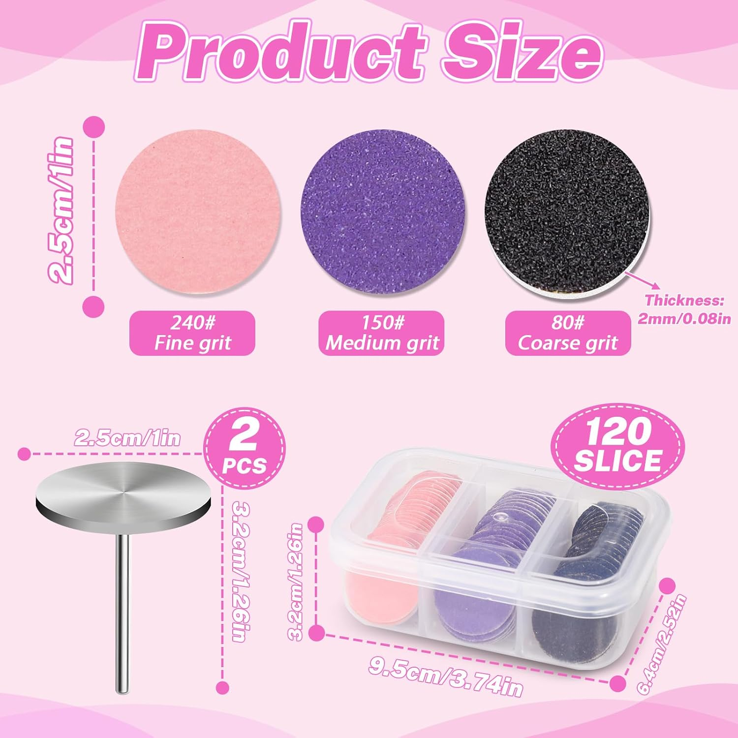 120 Pcs Sanding Paper Discs (#80#150#240 Grits) and 2 Pcs 25Mm Metal Shaft Sanding Disc Bit, Replacement Sandpaper Disk, Adjustable Speed Callus Remover Tool for Manicure Pedicure (80#150#240# Grits) image number 3