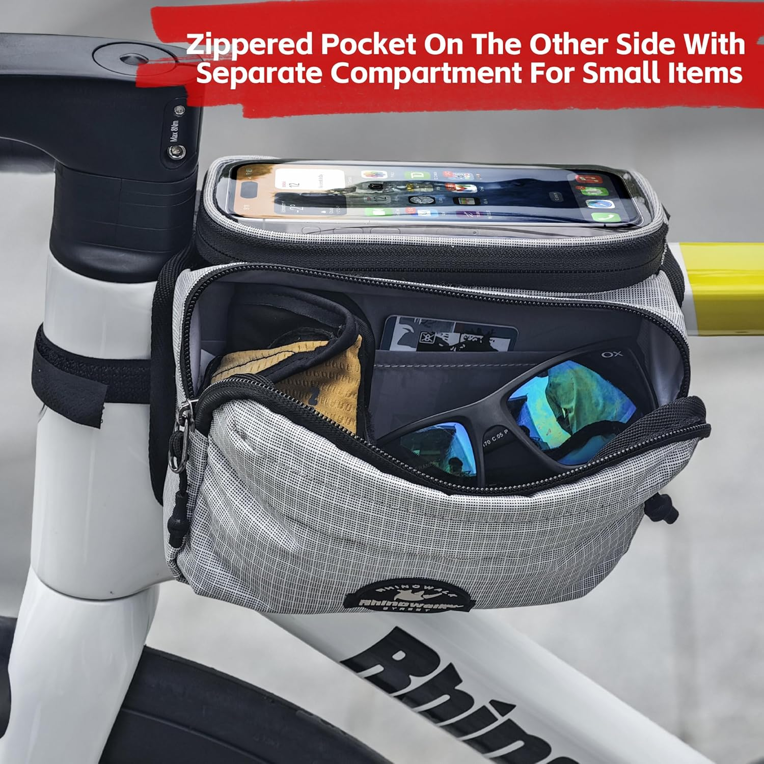 Rhinowalk Bike Front Frame Bag Bicycle Top Tube Frame Storage Waterproof Bicycle Handlebar Bag Fit Smartphone Professional Cycling Accessories-White - Black image number 2
