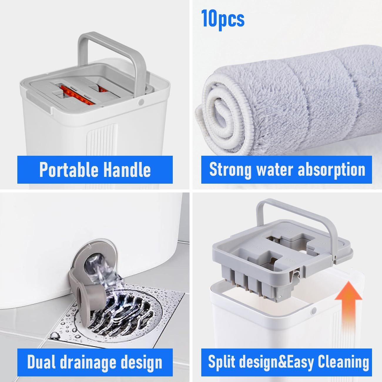 Yarra Supply Flat Floor Mop Bucket Set, Mop and Bucket Wringer Set with Stainless-Steel Handle,10 Washable & Reusable Microfiber Pads, for Home House, Hardwood Laminate Floors image number 6