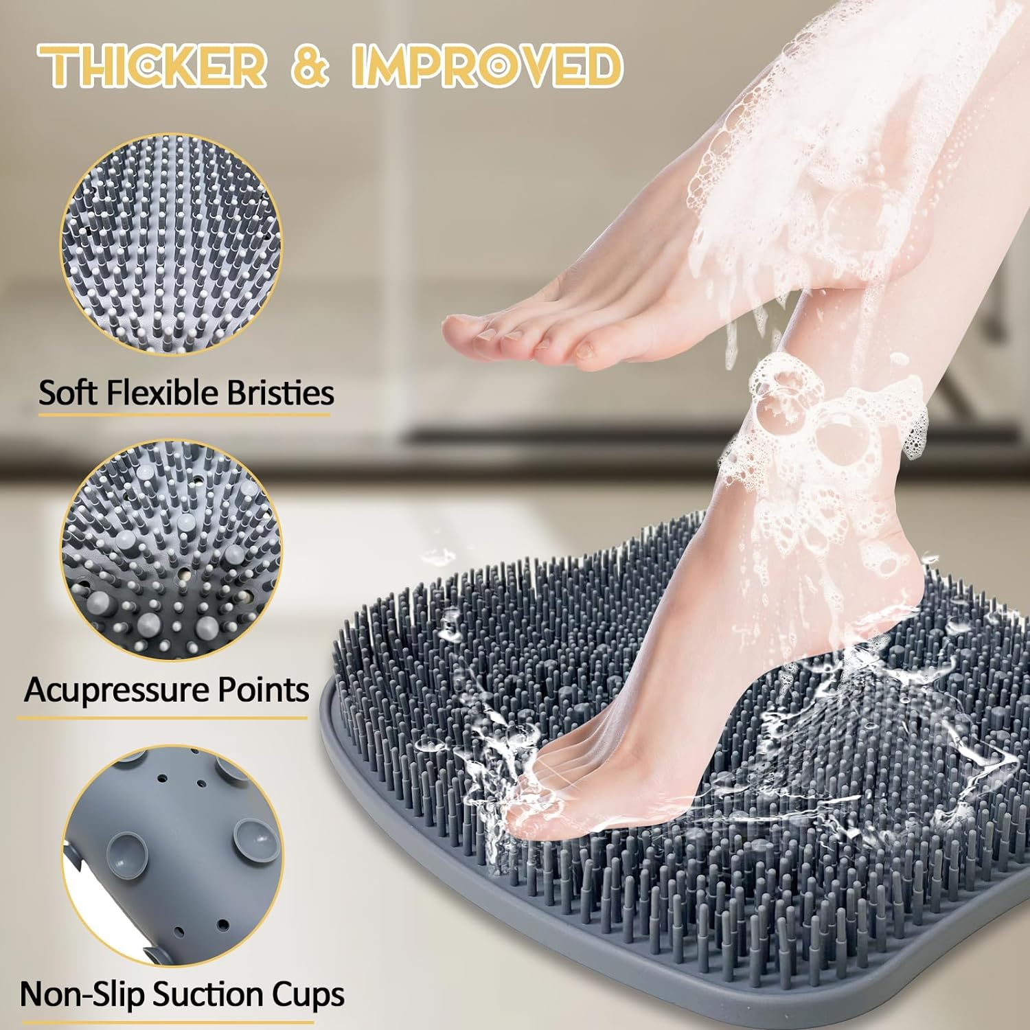 Luckyiren Extra Thicker & Larger Foot Scrubber Mat for Shower, Silicone Back Body Exfoliator Massager Cleaner Washer with Non Slip Suction Cup, Exfoliating Scrub Brush Pad for Women Men Elderly image number 3