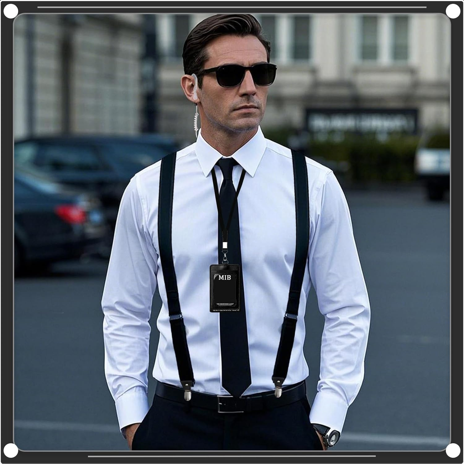 7PCS Agent Costume Accessories Set, Secret Service Fancy Dress Kit, Adult Spy Outfit with Suspenders Sunglasses Necktie Earpiece Zip Tie ID Card Holder for Men Cosplay Dress up Party Props image number 3