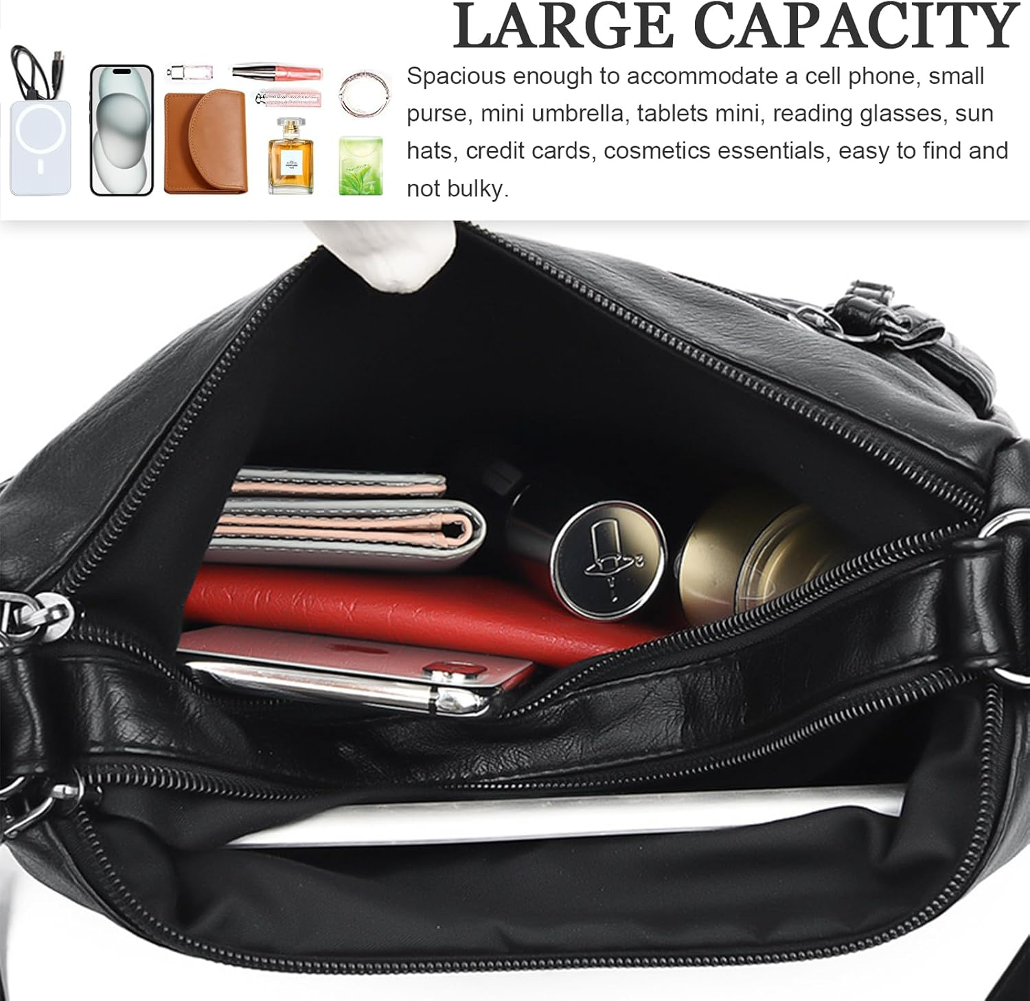 WITERY Small Crossboby Shoulder Bag for Women - Soft PU Leather Multi-Pocket Shoulder Handbags Pocketbooks Medium Purses - Black Style 2 image number 4