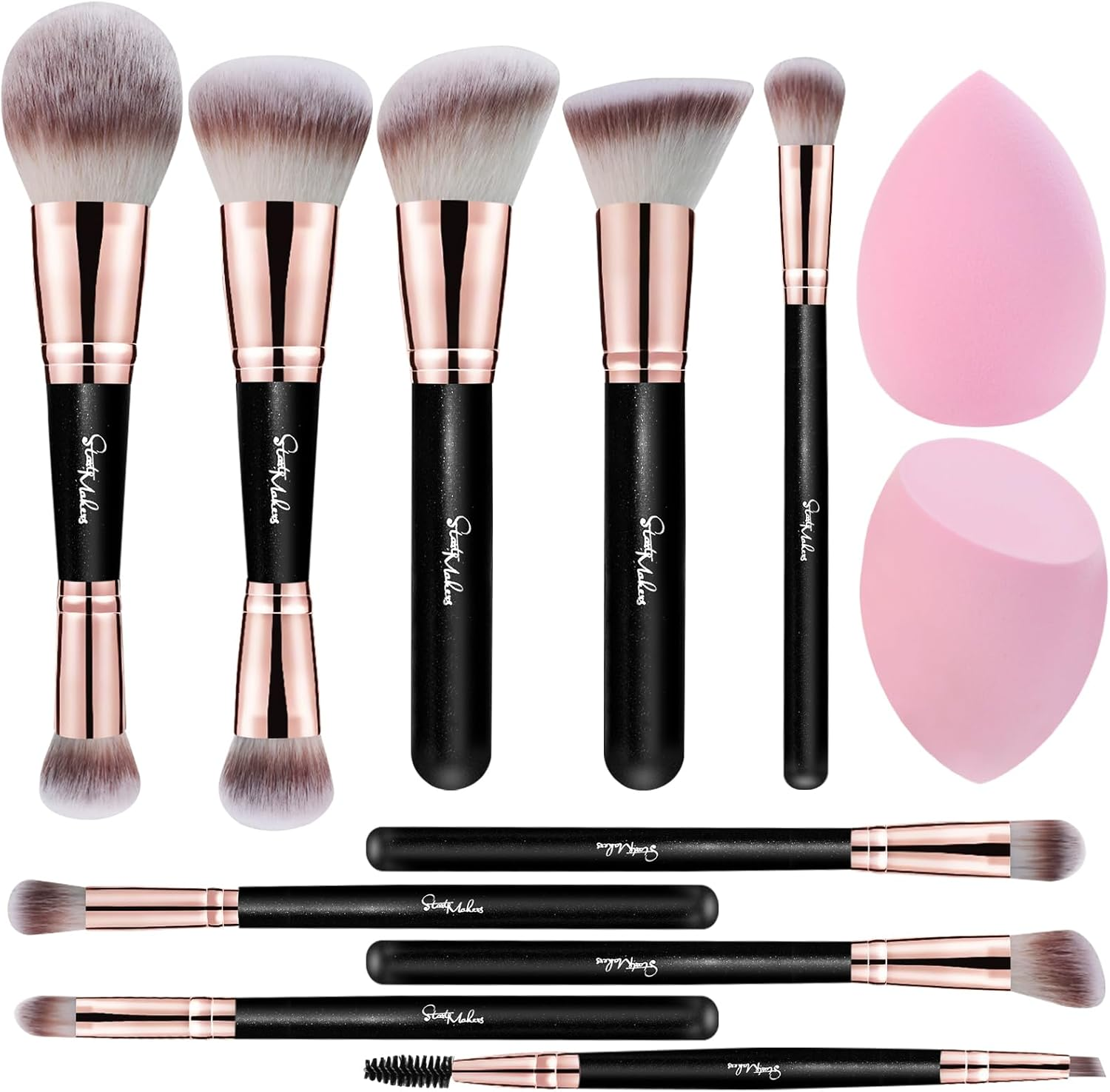 Start Makers Makeup Brushes Set 12 PCS Double Sided Make up Brushes with 2 Pcs Makeup Sponges Professional Foundation Brush Brush Set for Face and Eyes image number 6