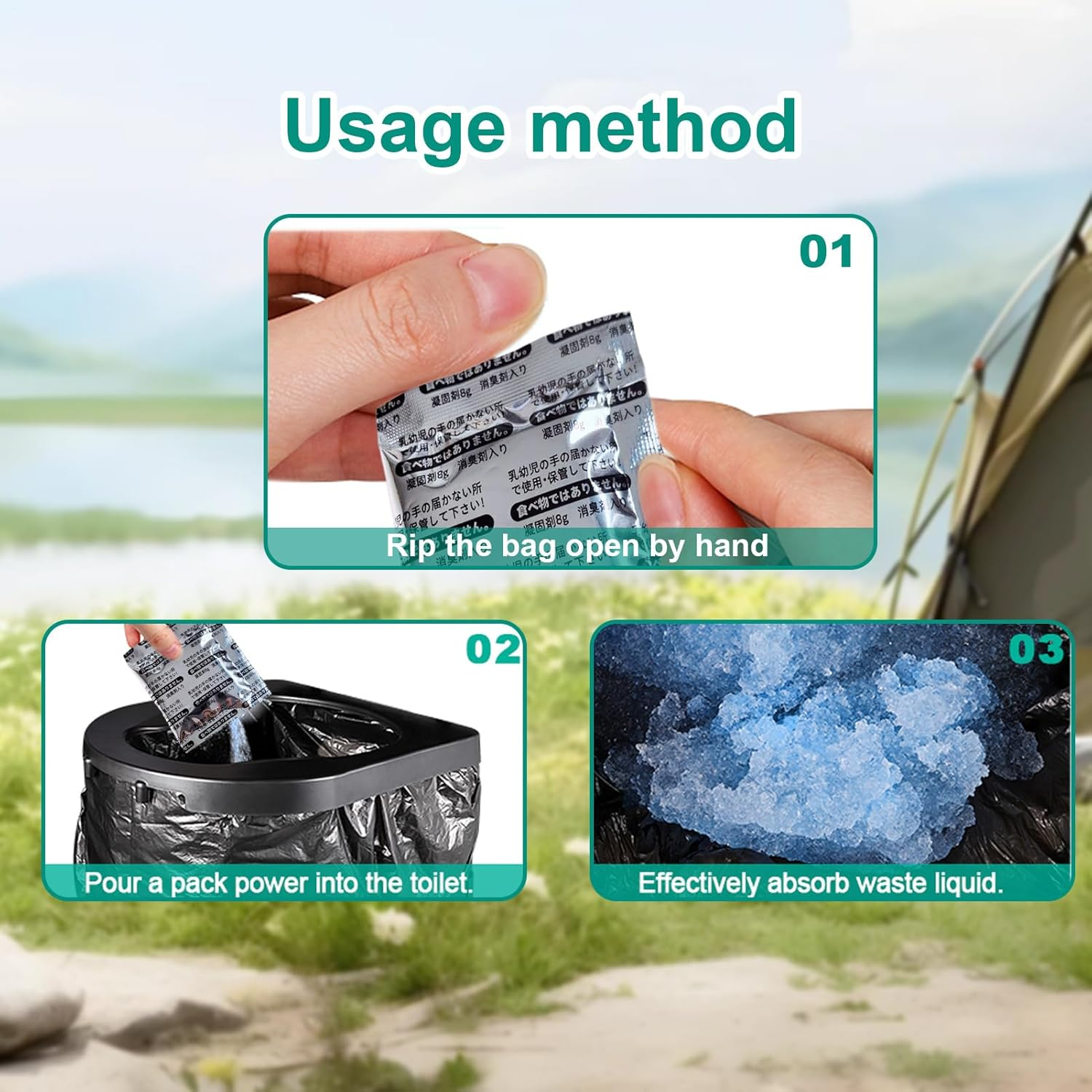 Camping Toilet Gel - 50 Bags Rapid Coagulation Toilet Absorbent Gel | Portable Urinal Solidifier Deodorizer Absorber for Home Baby Diapers Hiking Restroom Outdoor Pet Travel Public image number 2