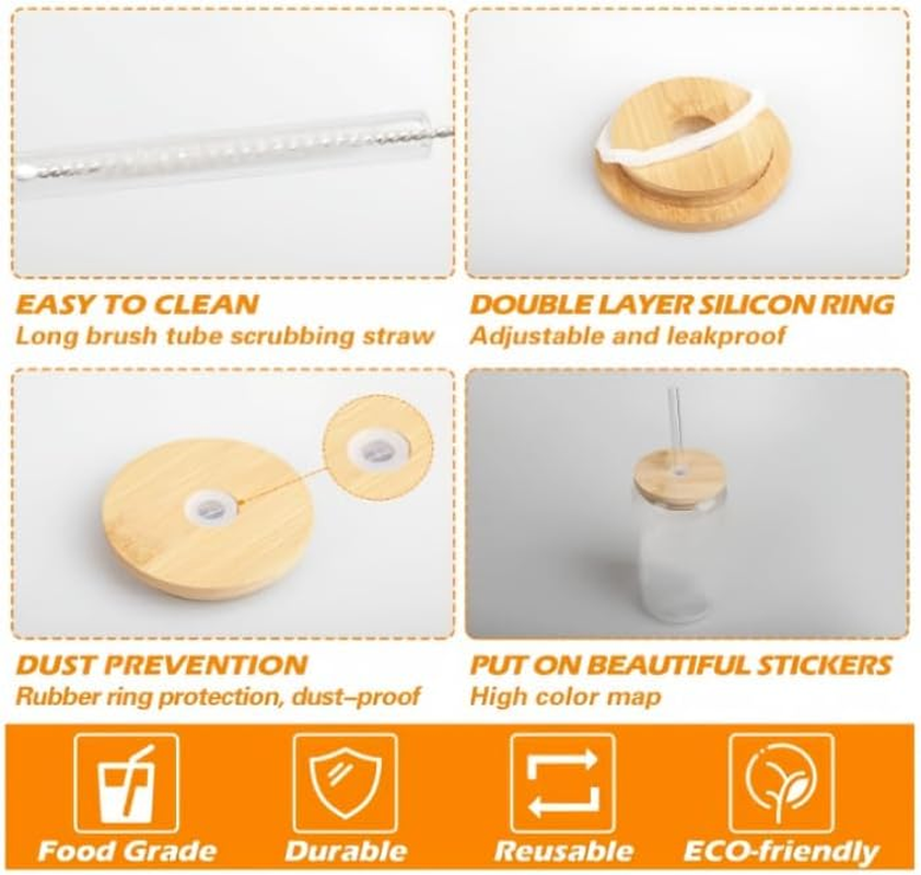 2Pack Glass Cups，Bamboo Lids Drinking Glasses Set，Glass Can Coffee Cup（16Oz，With Lids & Straws） image number 5