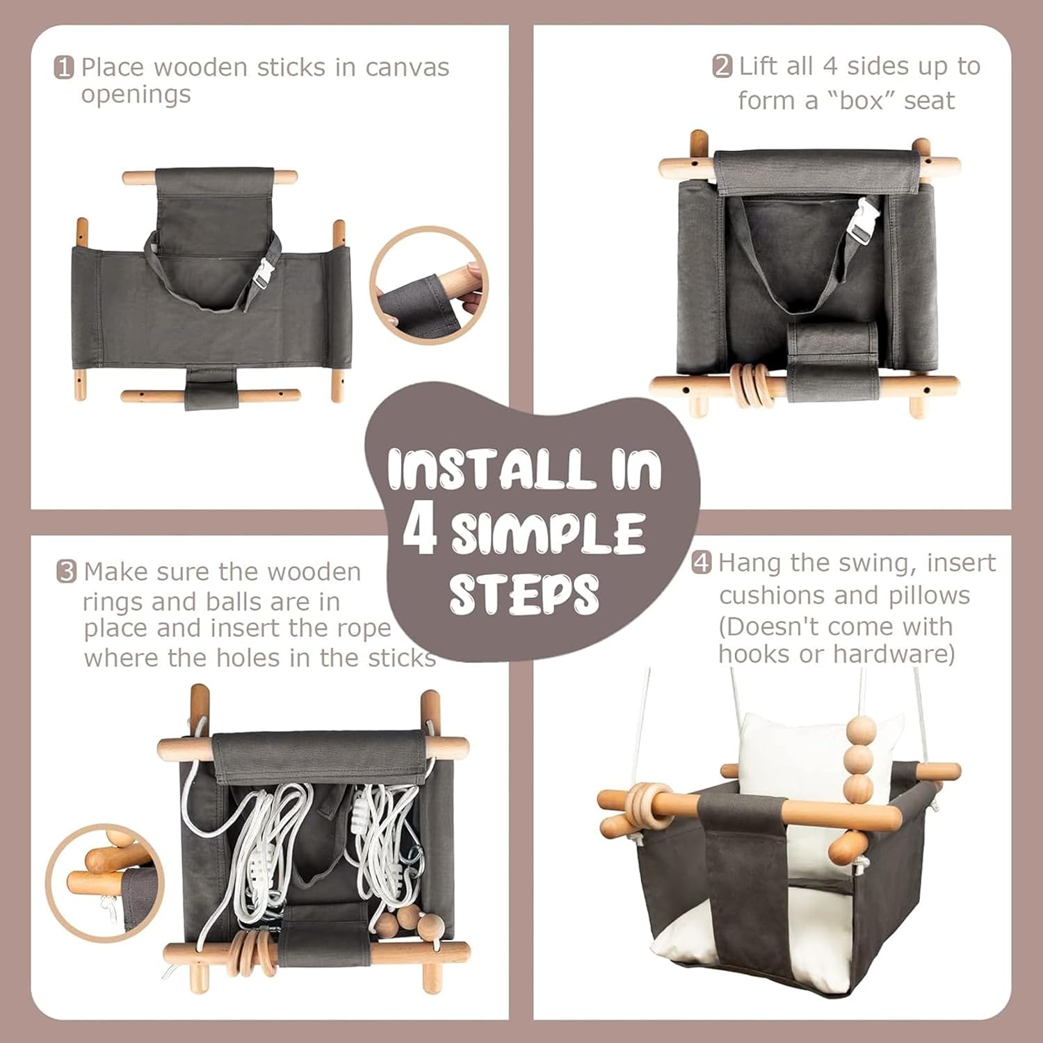 Baby Swing Seat, Visuivit Durable Canvas Hanging Swing for Outdoor/Indoor Use with Canvas Cushion & Safety Belt, Swing Sets for Baby Hammock Toy Backyard (White & Grey) - Grey image number 7